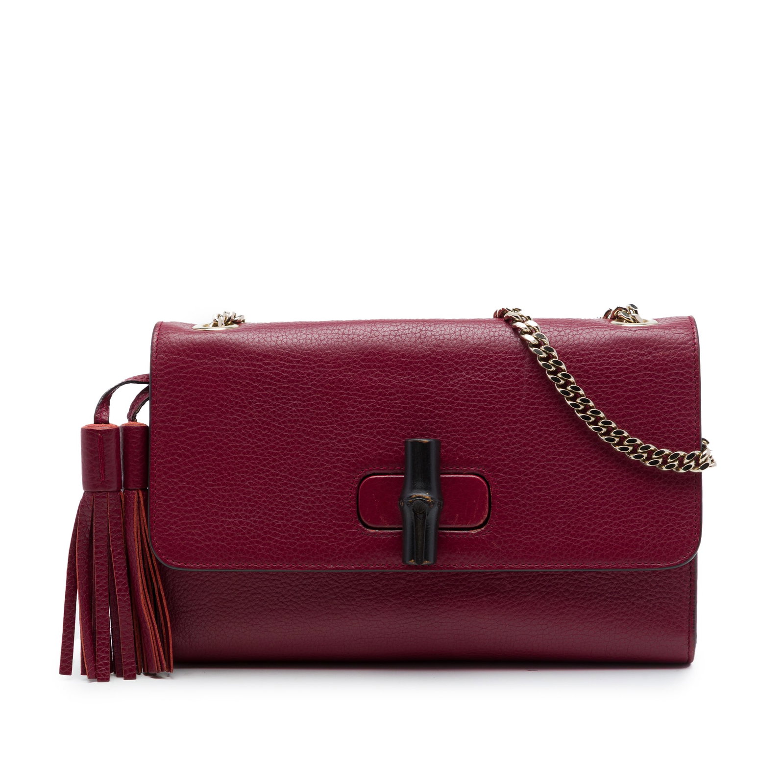 Gucci Miss Bamboo Medium Red Leather Crossbody Bag: Gucci Miss Bamboo Medium Red Leather Crossbody Bag Gucci Miss Bamboo medium crossbody bag crafted in red leather with tassel detail and a front flap secured by a bamboo twist-lock closure. The design 