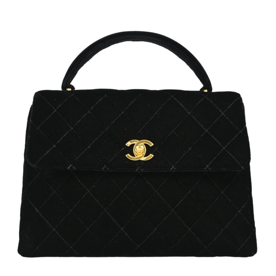 CHANEL Classic Flap Small Top Handle Bag in Black Velvet: CHANEL Classic Flap Small Top Handle Bag in Black Velvet Chanel Classic Flap top handle handbag in black velvet with a turn-lock closure and lambskin lining. This small women's bag is made in France a