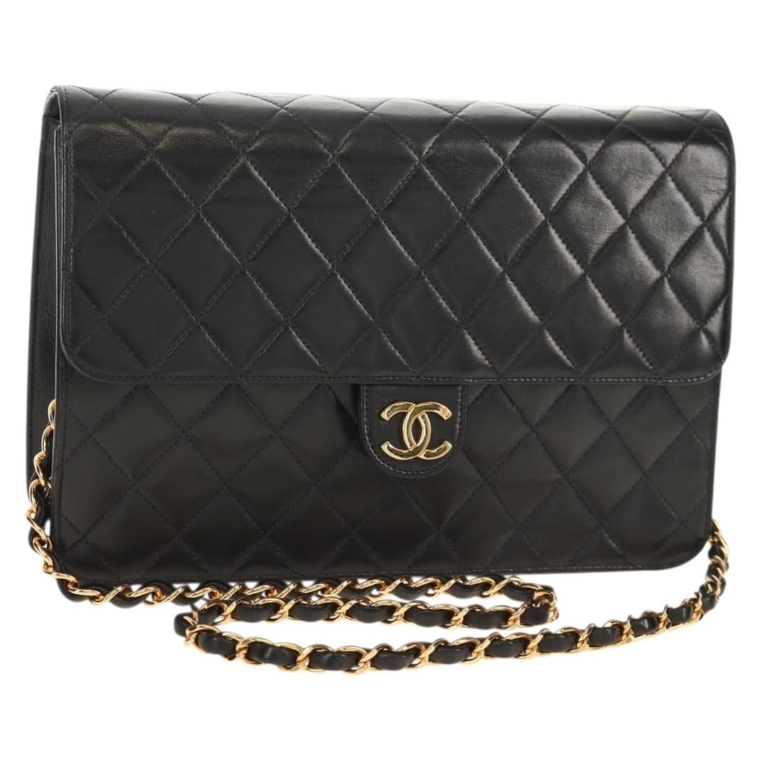 CHANEL Lamb Skin Shoulder Bag Black Gold Chain Strap CC: CHANEL Lamb Skin Shoulder Bag Black Gold Chain Strap CC CHANEL chain shoulder bag in black and gold lamb skin, made in France. This women's shoulder bag comes with a dust bag, guarantee card, and