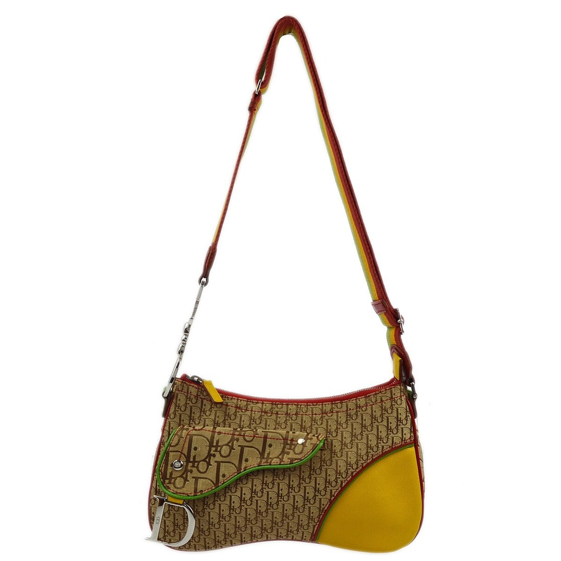 Christian Dior Dior Saddle Shoulder Bag in Rasta Trotter Canvas: Christian Dior Dior Saddle Shoulder Bag in Rasta Trotter Canvas Christian Dior Rasta-Color Trotter Saddle shoulder bag in beige, red, yellow, and green canvas with leather trim. This women's medium ba