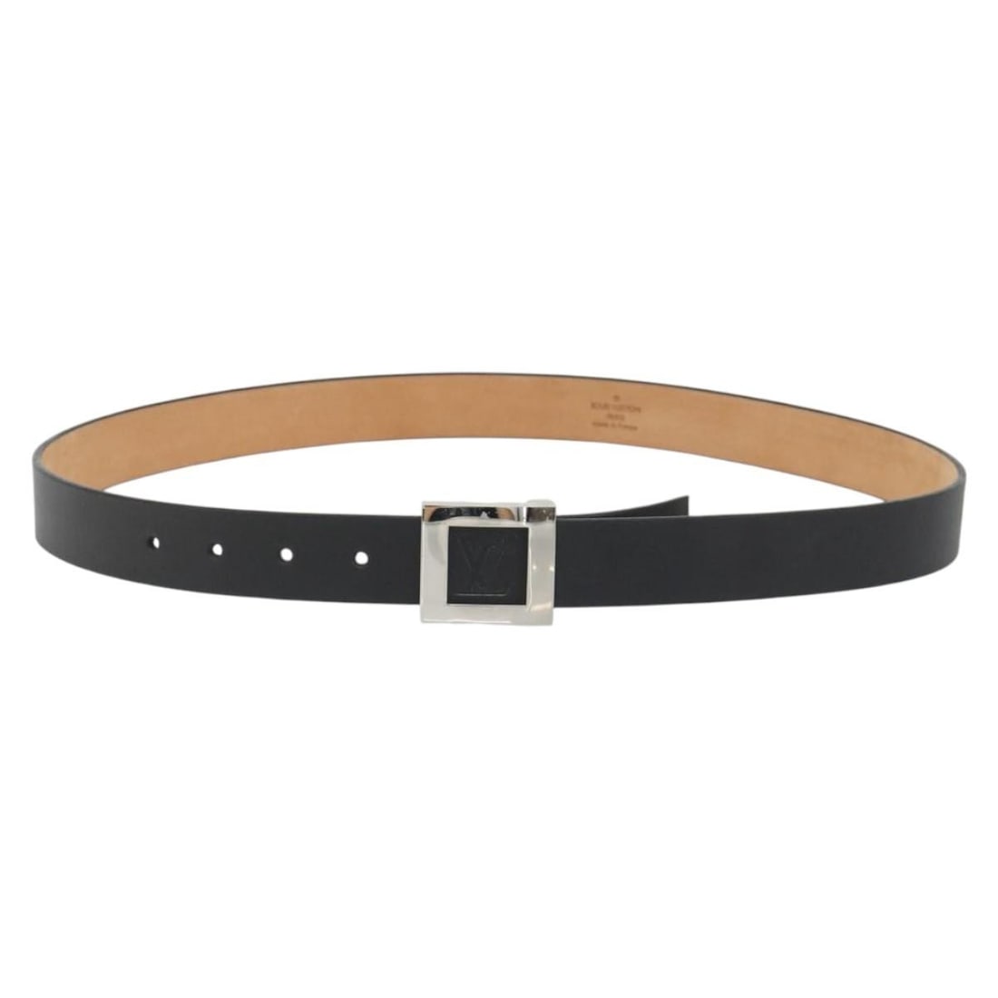 Louis Vuitton M6896 black leather women's belt with box: Louis Vuitton M6896 black leather women's belt with box Louis Vuitton Ceinture LV Stamp belt in black leather. This women's belt is made in France and includes the item box. Condition is B with reason