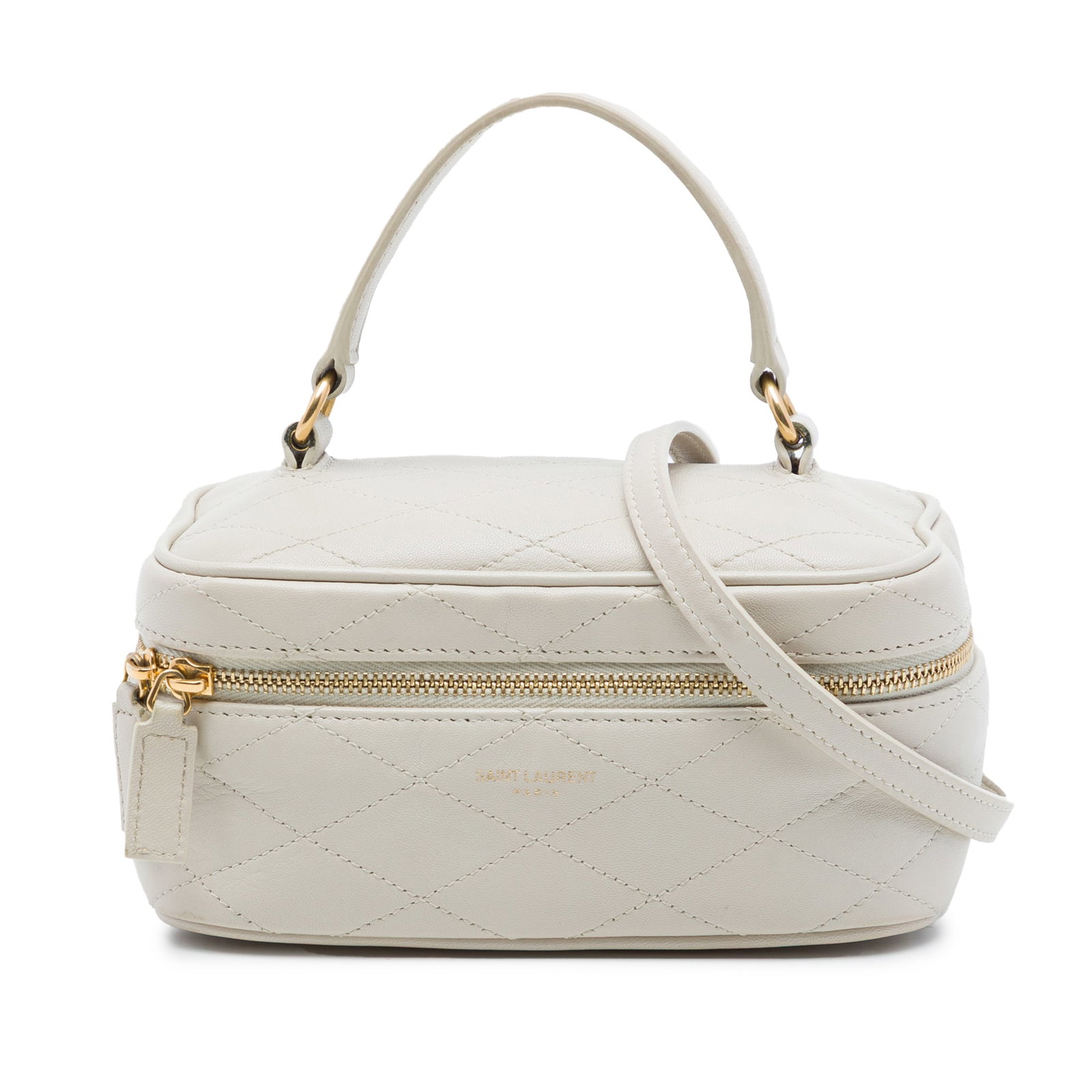Saint Laurent Gaby Mini Vanity Bag in White Quilted Lambskin: Saint Laurent Gaby Mini Vanity Bag in White Quilted Lambskin Saint Laurent Mini Quilted Lambskin Gaby Vanity Bag in white leather with a quilted design, top handle, adjustable and detachable strap, an