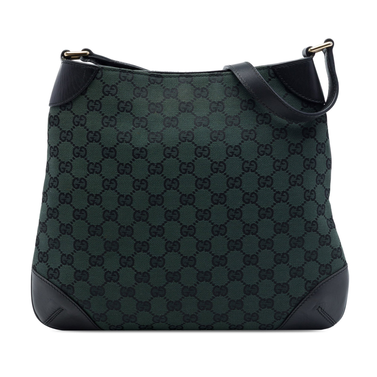 Gucci GG Canvas Green Shoulder Bag with Leather Trim: Gucci GG Canvas Green Shoulder Bag with Leather Trim Gucci GG Canvas shoulder bag with leather trim and a flat leather strap. The bag features an open top with a magnetic closure and an interior zip p