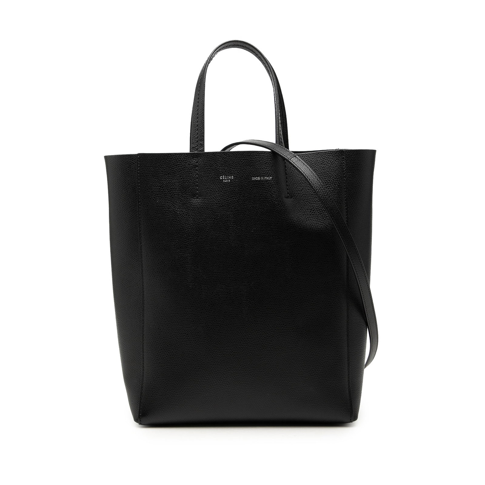 Celine Vertical Cabas Small Grained Calfskin Leather Tote Bag: Celine Vertical Cabas Small Grained Calfskin Leather Tote Bag Celine Small Grained Calfskin Vertical Cabas Tote in black leather with flat leather handles, an adjustable flat strap, an open top, and a