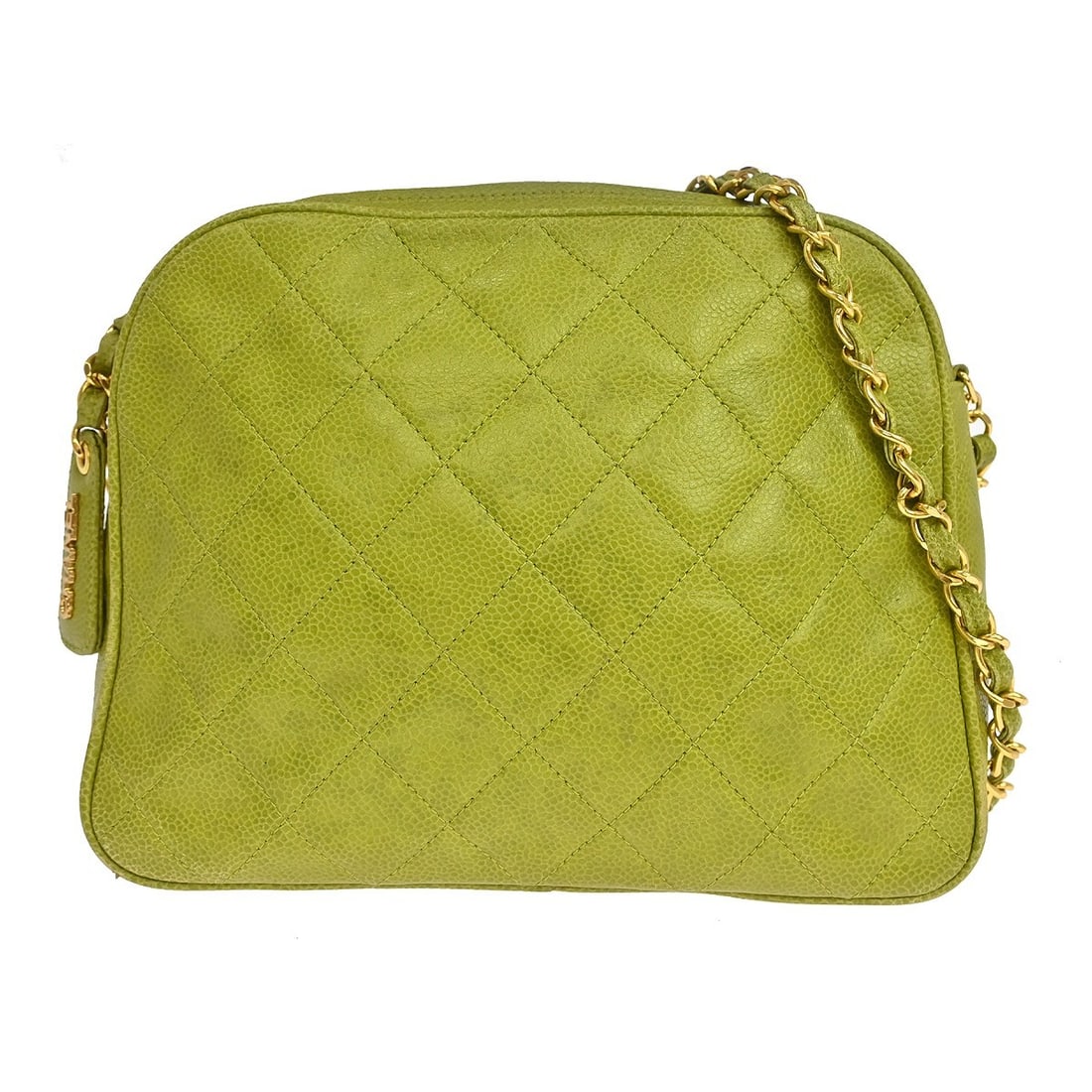 CHANEL Matelasse Shoulder Bag in Green Calfskin Chain Strap: CHANEL Matelasse Shoulder Bag in Green Calfskin Chain Strap Vintage Chanel shoulder bag in green calfskin leather with a matelasse quilted finish and chain shoulder strap. The bag features a turn-lock