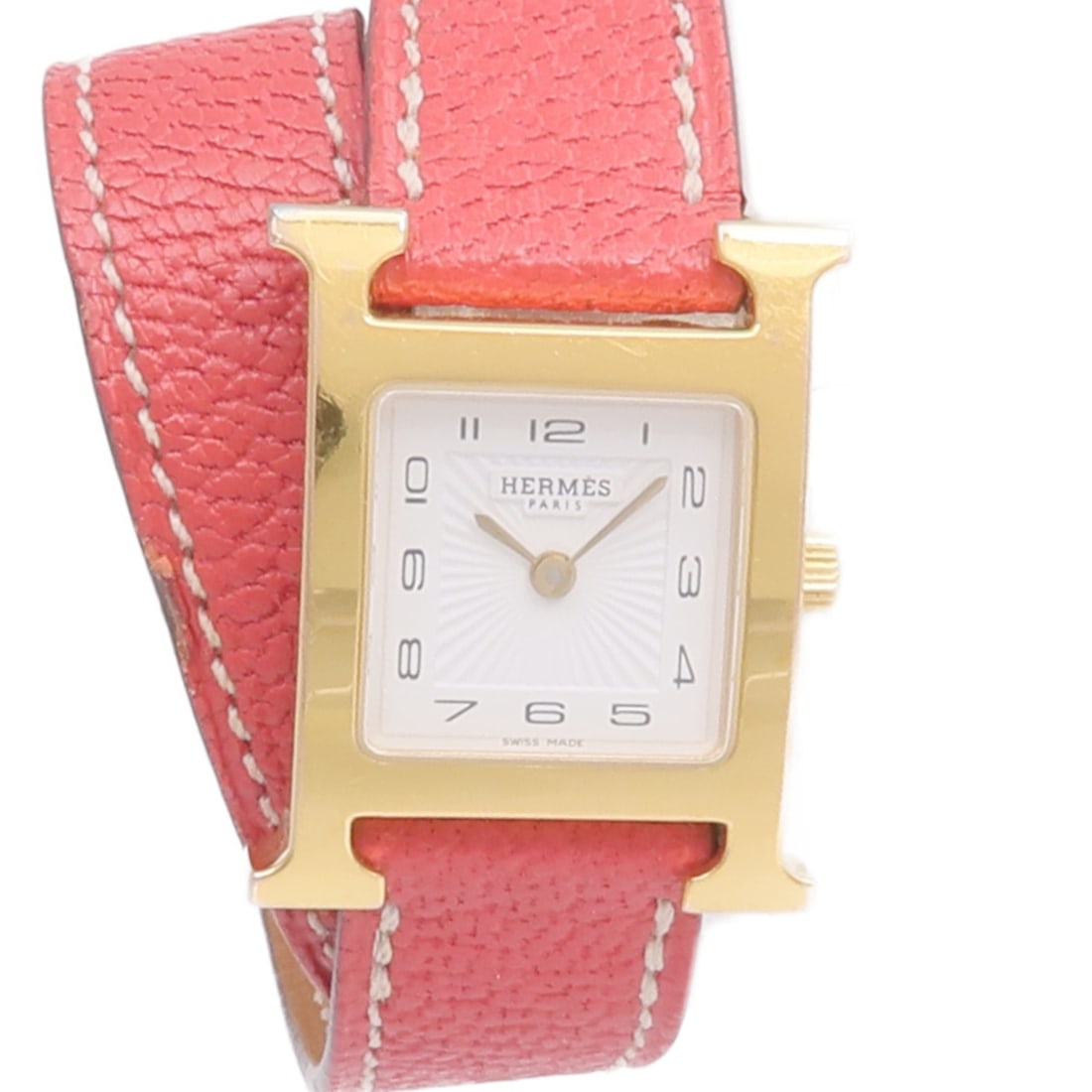 Hermes HH1.201 H Watch quartz wristwatch steel gold plated white leather: Hermes HH1.201 H Watch quartz wristwatch steel gold plated white leather Hermes H Watch HH1.201 is a ladies quartz watch with a stainless steel and gold plated case, paired with a leather belt in whit
