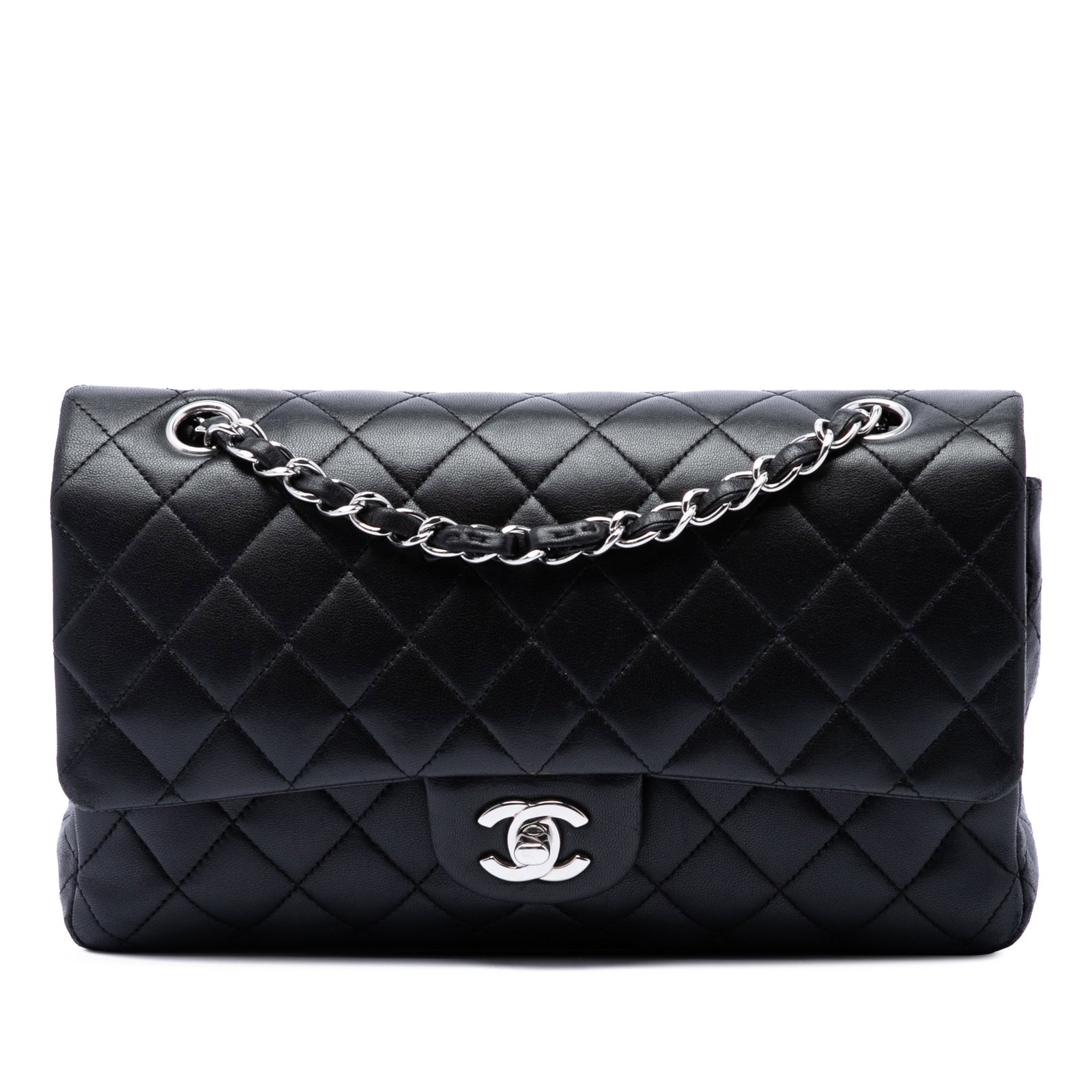 Chanel Medium Classic Double Flap Shoulder Bag Black Lambskin: Chanel Medium Classic Double Flap Shoulder Bag Black Lambskin Medium Classic Lambskin Double Flap shoulder bag with a quilted lambskin body, leather-woven chain link straps, double front flaps with in