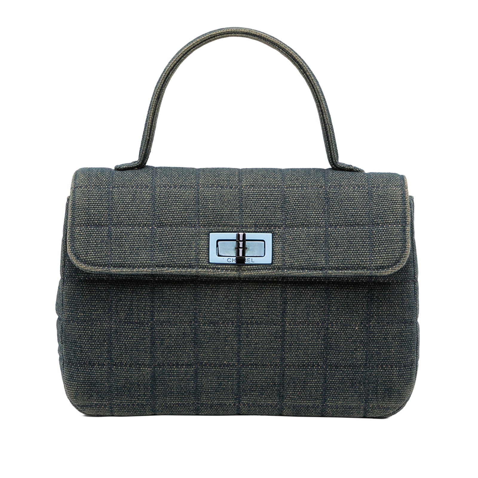Chanel Denim Reissue 2.55 Chocolate Bar Top Handle Flap Bag: Chanel Denim Reissue 2.55 Chocolate Bar Top Handle Flap Bag This Chanel Reissue 2.55 Chocolate Bar Denim Top Handle Flap handbag features a square quilted blue denim body, a flat denim top handle, and