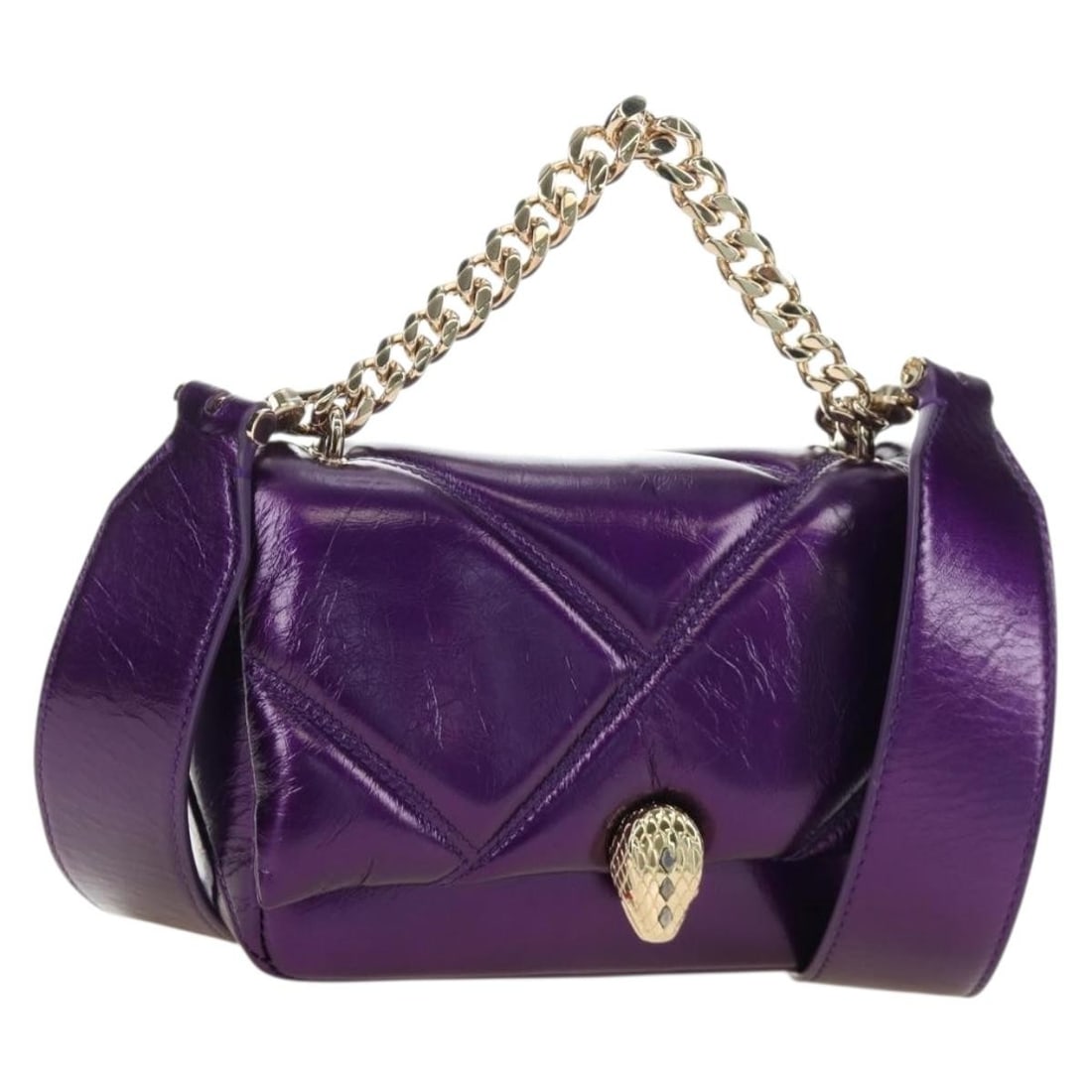BVLGARI Serpenti Cabochon leather crossbody bag purple gold tone: BVLGARI Serpenti Cabochon leather crossbody bag purple gold tone BVLGARI Serpenti Cabochon cross body bag in purple and gold leather, made in Italy. This women's body bag has a compact structured shap