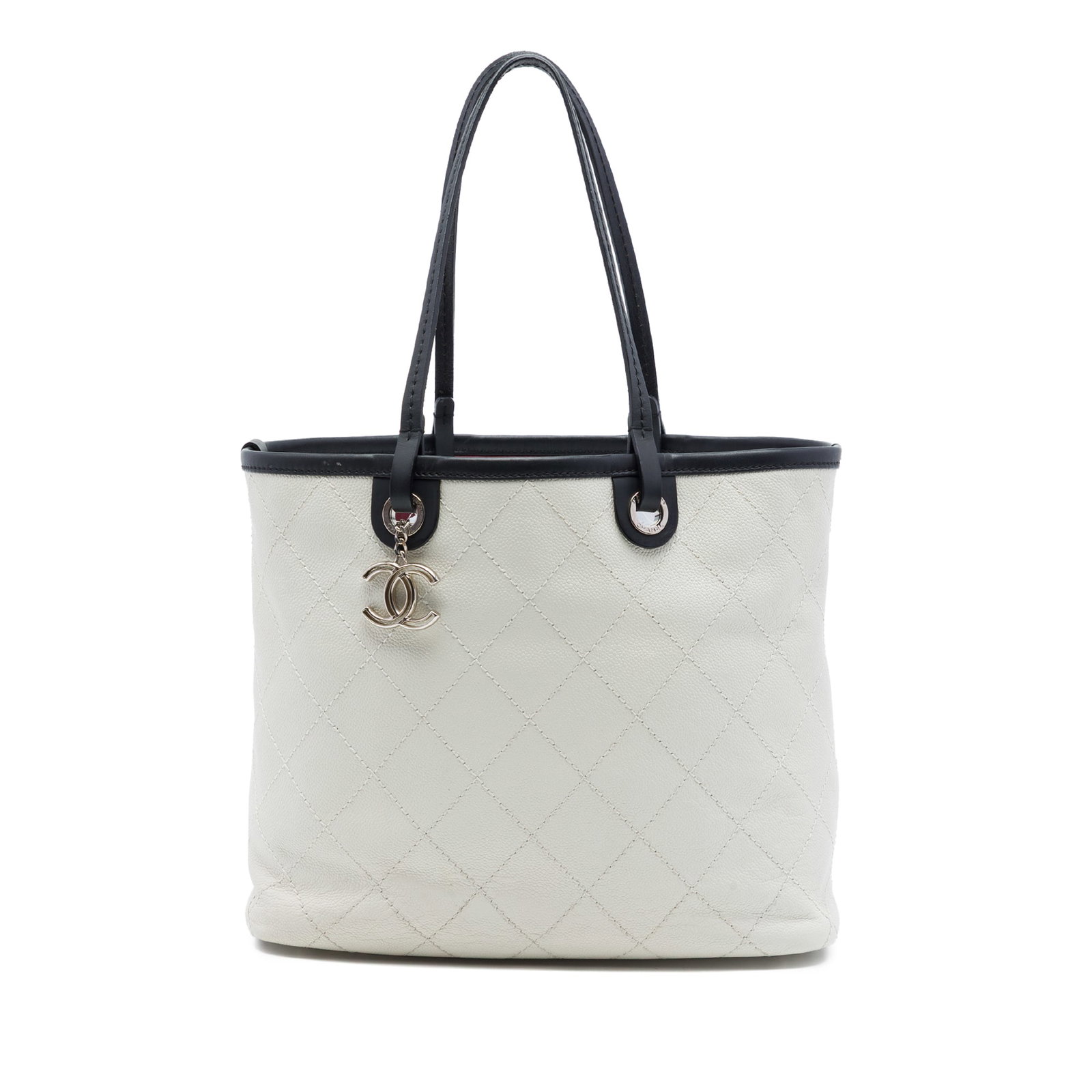 Chanel Shopping Fever Tote in White Quilted Caviar Leather: Chanel Shopping Fever Tote in White Quilted Caviar Leather Quilted caviar leather tote with flat leather straps, a top zip closure, and interior zip and slip pockets. This white Shopping Fever Tote sh