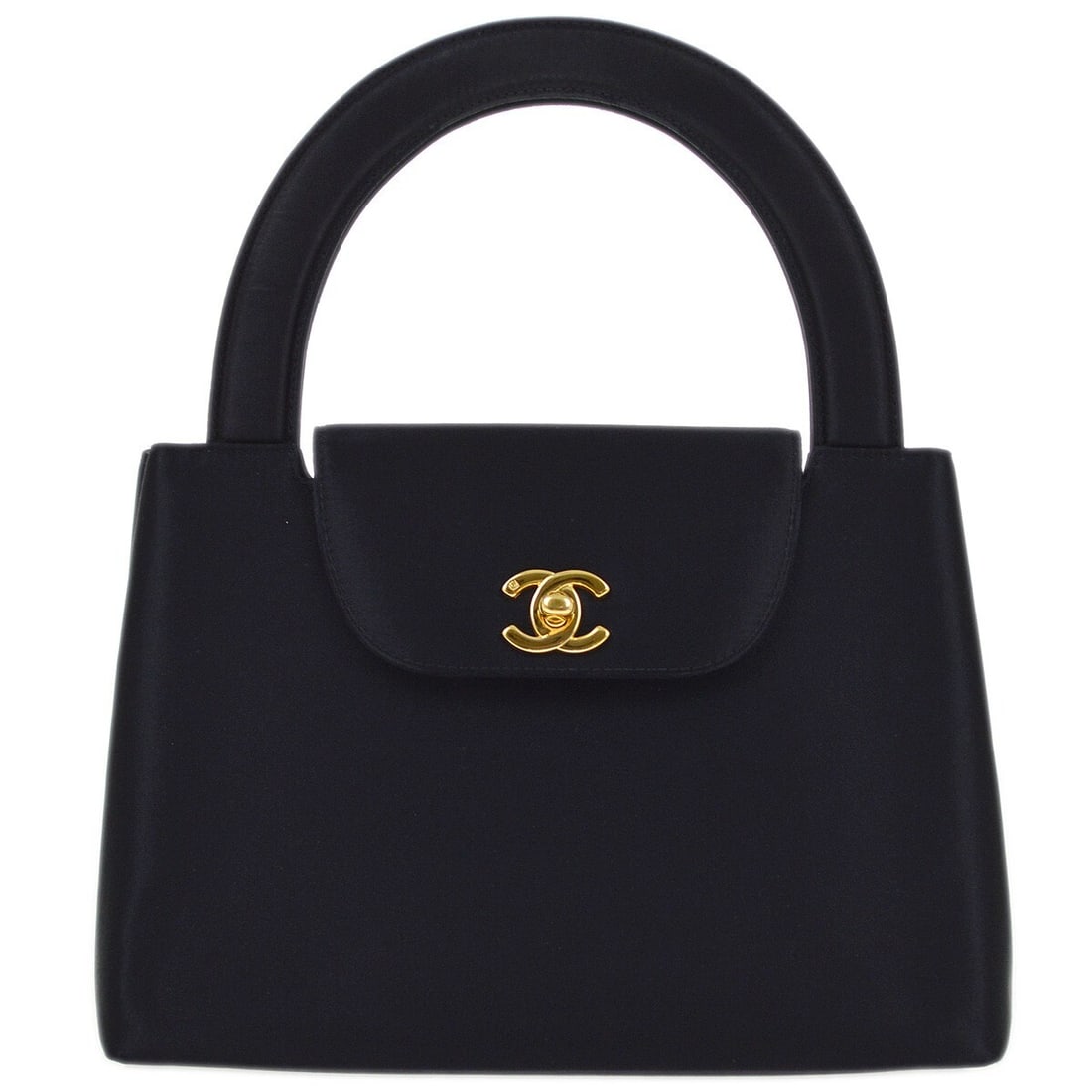 CHANEL Medium Black Satin Top Handle Satchel Bag: CHANEL Medium Black Satin Top Handle Satchel Bag Black satin Chanel satchel/top handle handbag with double handles, a turn-lock closure, and black lambskin lining. The bag features one exterior pocket