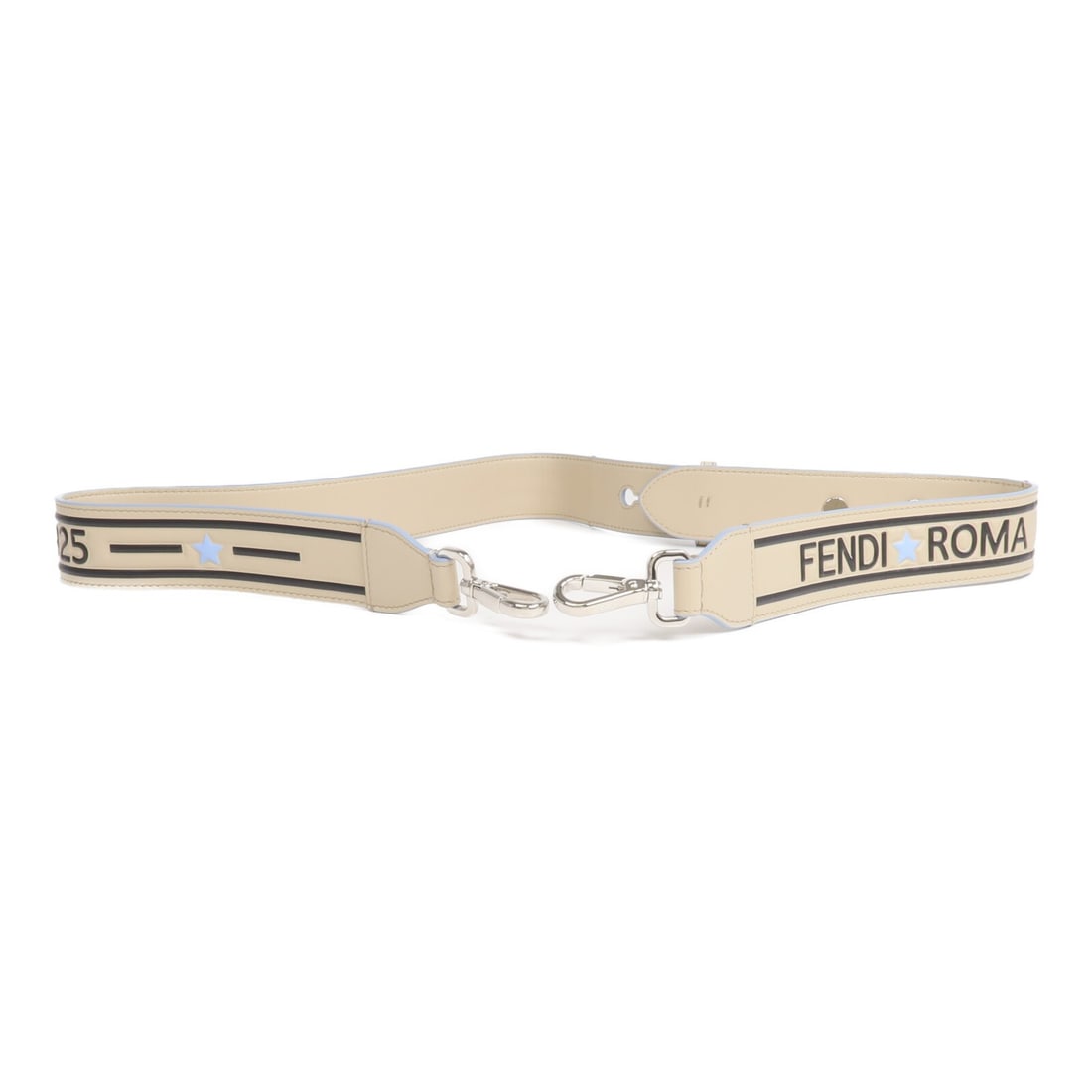 FENDI Calfskin Shoulder Strap Beige Blue Silver Tone Hardware: FENDI Calfskin Shoulder Strap Beige Blue Silver Tone Hardware FENDI shoulder strap made from calfskin (cowhide) in beige and blue. It is a regular unisex accessory manufactured in Italy and offered in