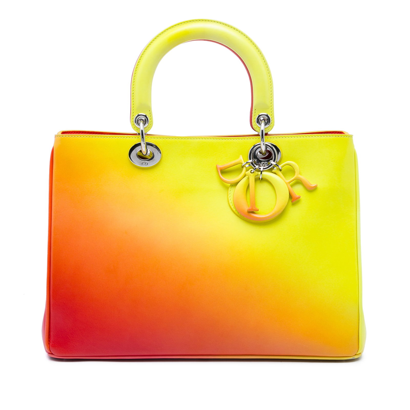 Dior Diorissimo Medium Yellow Calfskin Leather Satchel: Dior Diorissimo Medium Yellow Calfskin Leather Satchel Medium Diorissimo satchel in gradient yellow calfskin with flat leather top handles, an open top with magnetic snap closure, interior slip pocket