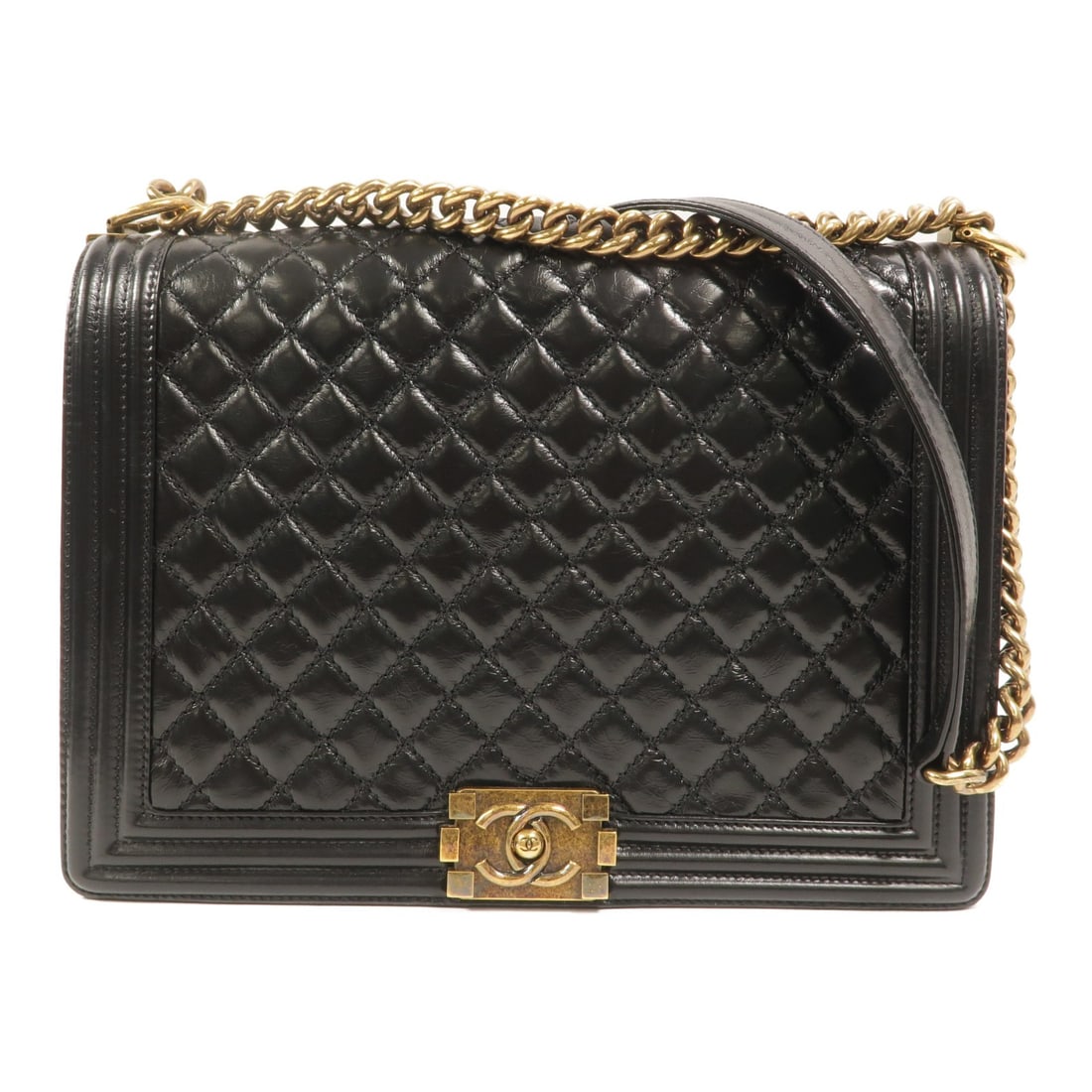 Chanel Boy 30 Black Calfskin Chain Shoulder Bag CC GHW: Chanel Boy 30 Black Calfskin Chain Shoulder Bag CC GHW Chanel Boy 30 chain shoulder bag in black calfskin leather with CC GHW styling. This women's shoulder bag features a flap design with interior st