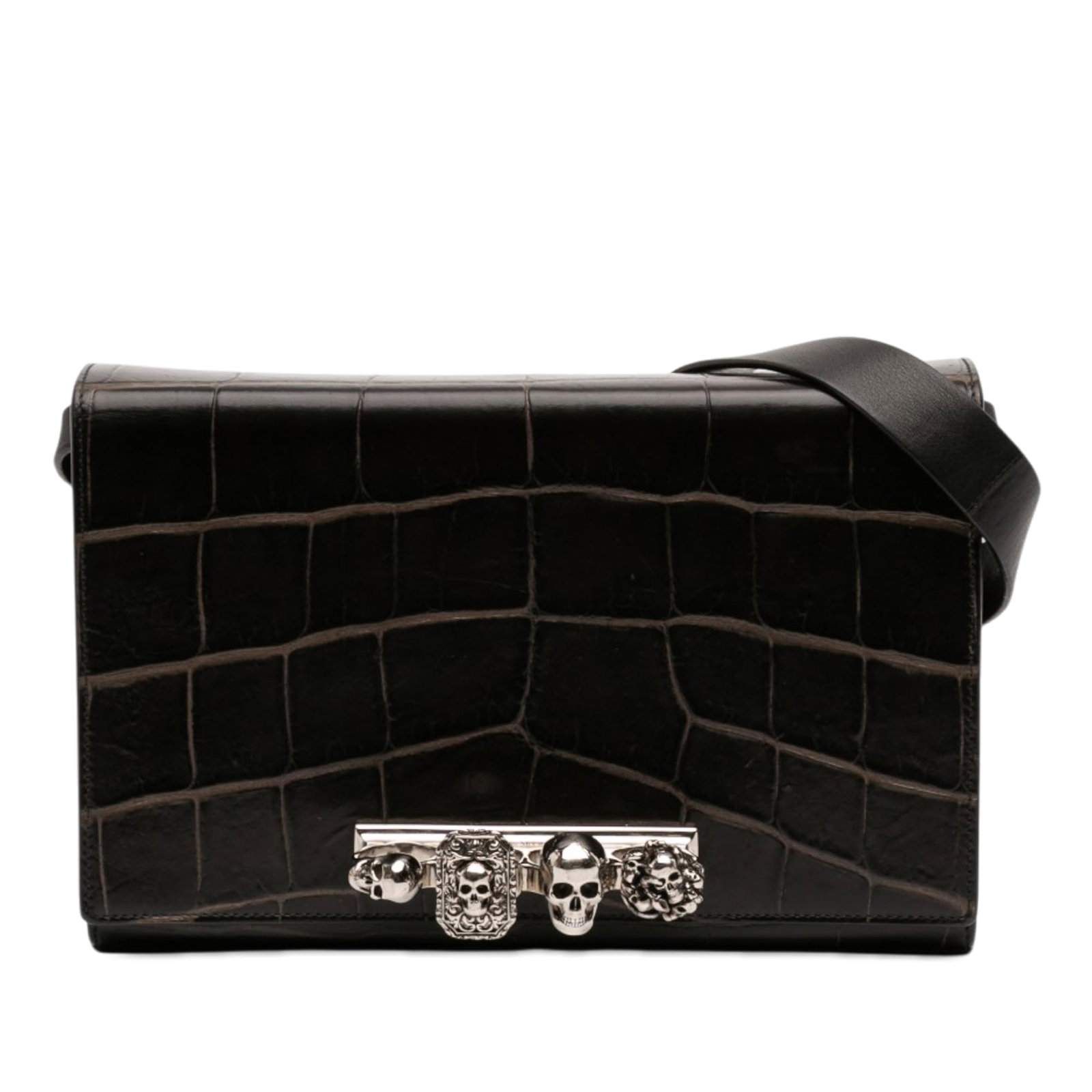 Alexander McQueen Skull Jeweled Mini Crossbody Bag Croc Embossed Leather: Alexander McQueen Skull Jeweled Mini Crossbody Bag Croc Embossed Leather Alexander McQueen Mini Croc Embossed Skull Jeweled Crossbody bag in black leather with a croc-embossed body. It features a four
