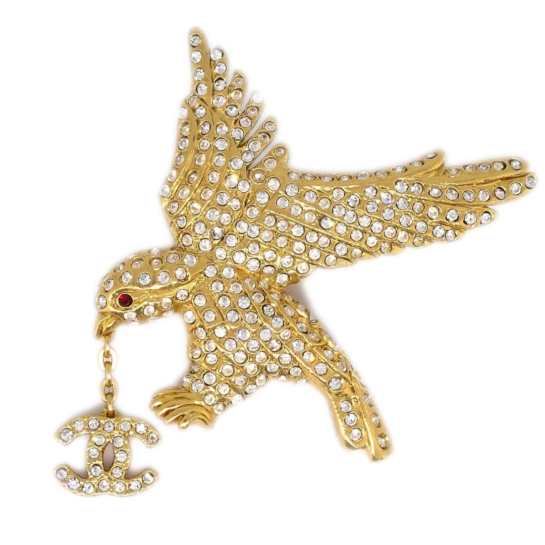 CHANEL 01P Eagle Brooch Gold Plated Rhinestone Pin: CHANEL 01P Eagle Brooch Gold Plated Rhinestone Pin Chanel eagle brooch pin in gold-plated metal with rhinestone detailing. Marked 01P, this brooch is made in France and presented in excellent conditio