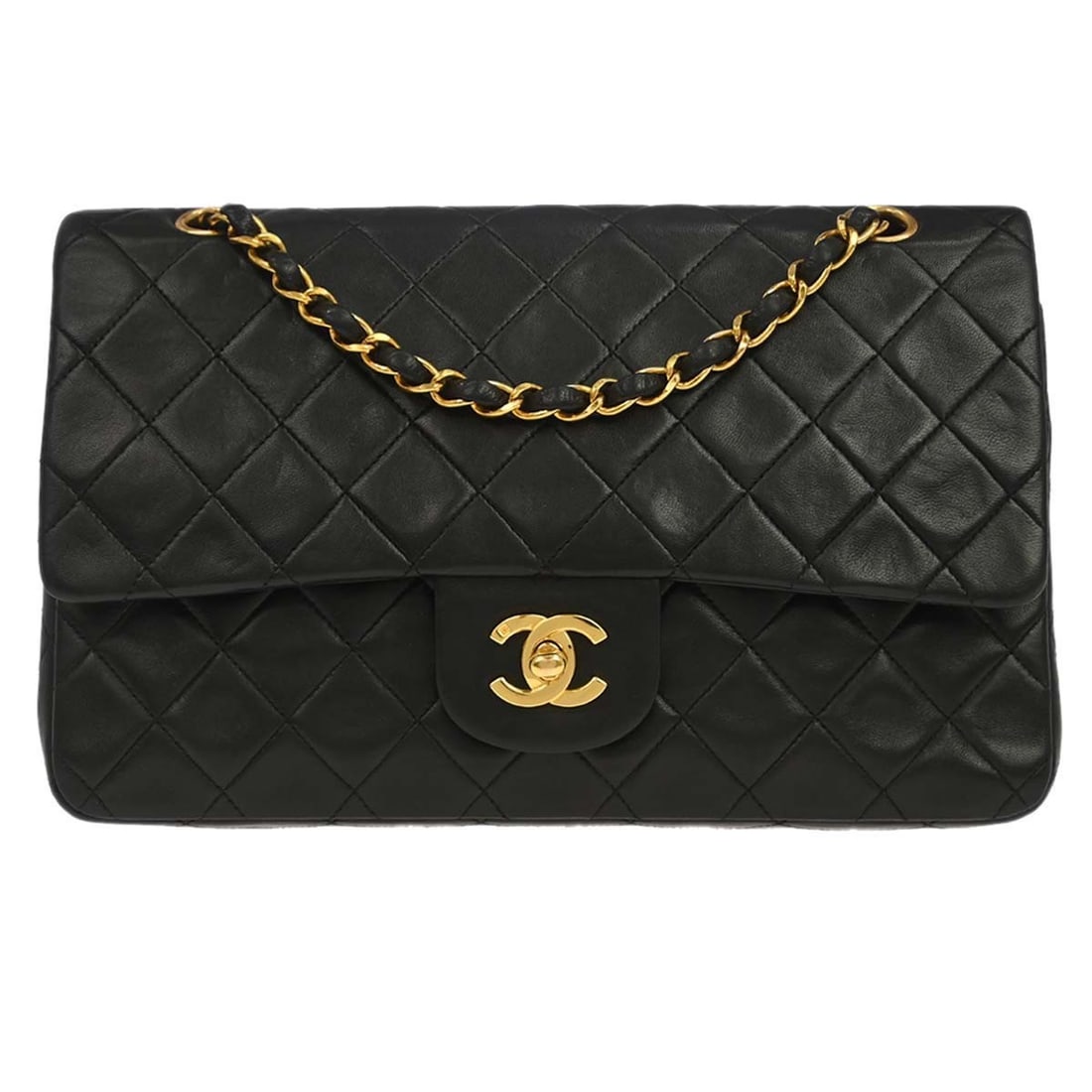 CHANEL Classic Double Flap Medium Shoulder Bag Black Lambskin: CHANEL Classic Double Flap Medium Shoulder Bag Black Lambskin Chanel Medium Classic Double Flap shoulder bag in black lambskin leather with a turn-lock closure and shoulder strap. This women's bag fea