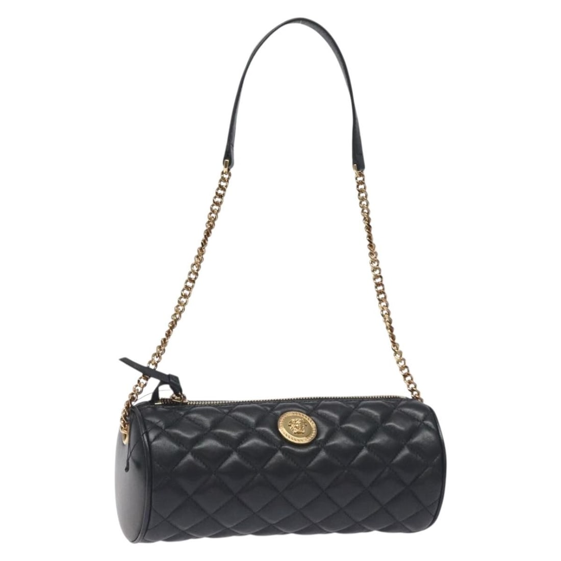 Versace black leather shoulder bag with gold chain strap: Versace black leather shoulder bag with gold chain strap Versace chain shoulder bag in leather with a black and gold colorway. Made in Italy, this women's shoulder bag comes with a dust bag and featur
