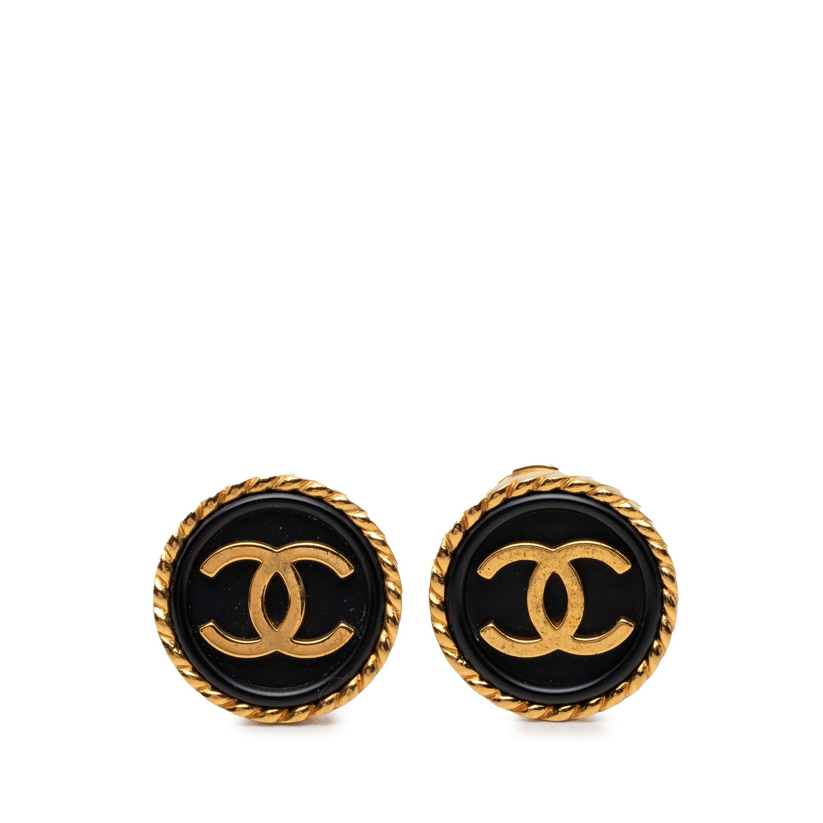 Chanel CC Round Clip On Earrings Gold Plated Enamel: Chanel CC Round Clip On Earrings Gold Plated Enamel Chanel round clip-on earrings with a gold plated metal and enamel design. They are made in France and classified as costume jewelry. The earrings me