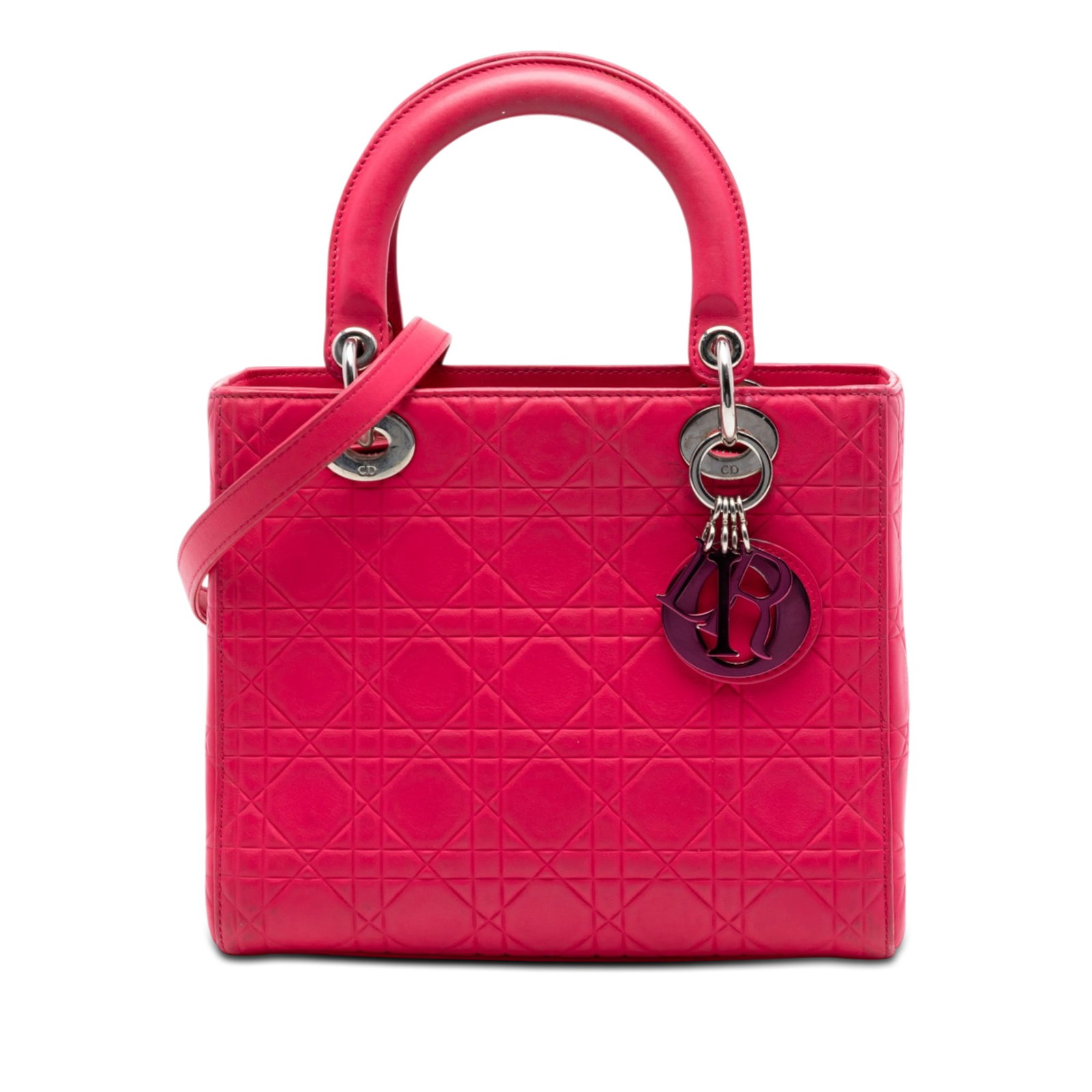 Dior Lady Dior Medium Pink Cannage Calfskin Handbag: Dior Lady Dior Medium Pink Cannage Calfskin Handbag This Medium Ultra Matte Calfskin Cannage Embossed Lady Dior is a pink leather bag made in Italy. It features a cannage embossed leather body, flat l