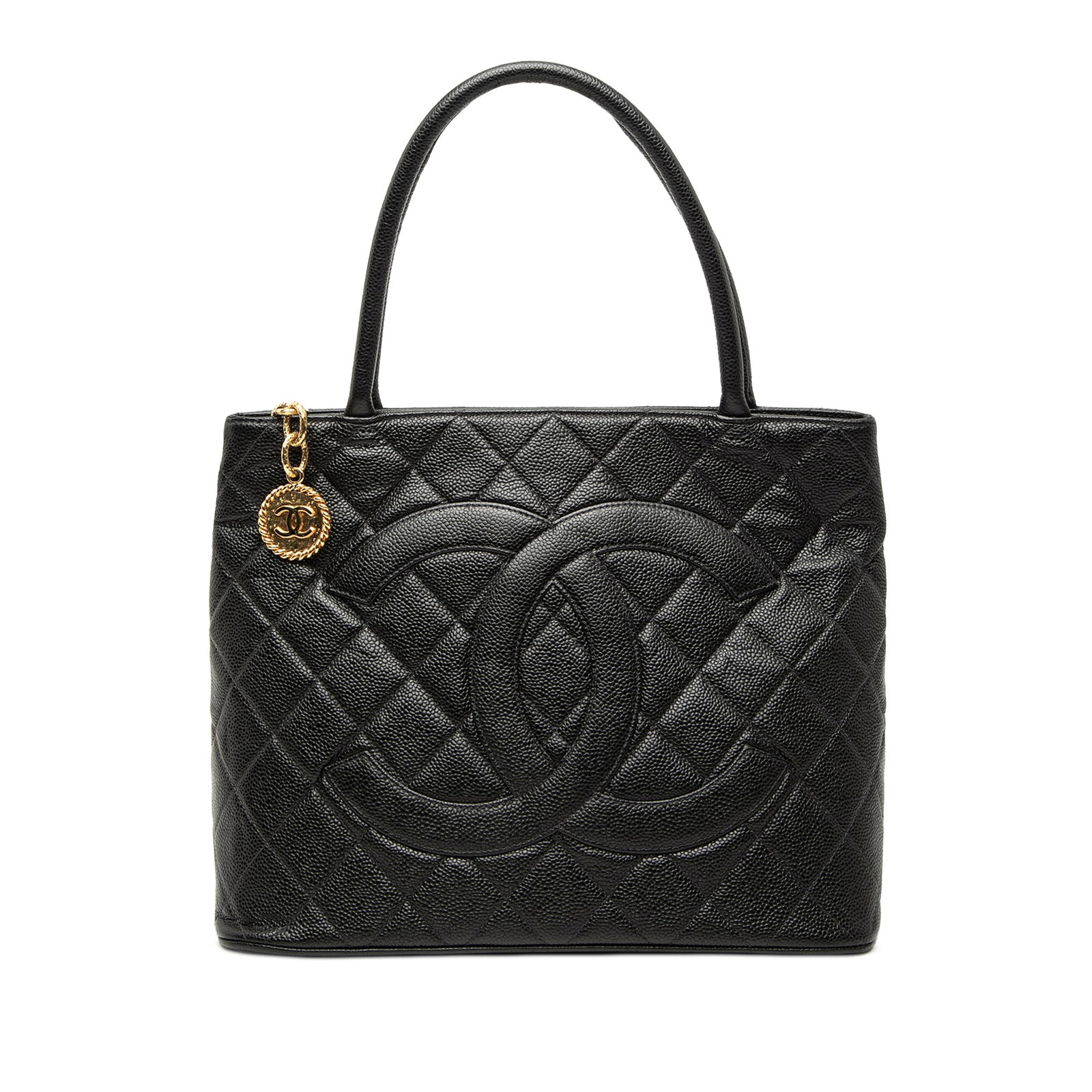 Chanel Medallion Tote in Black Caviar Leather: Chanel Medallion Tote in Black Caviar Leather Chanel Medallion tote crafted in black quilted caviar leather. This tote features rolled leather handles, a top zip closure, an exterior back slip pocket,