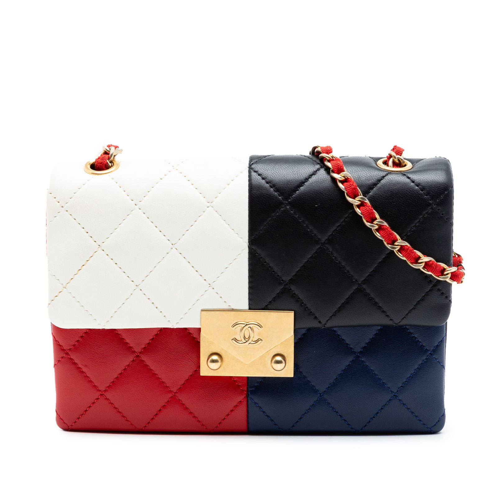 Chanel Pagoda Flap Lambskin Crossbody Bag: Chanel Pagoda Flap Lambskin Crossbody Bag This Chanel Quilted Lambskin Colorblock Pagoda Flap crossbody bag is crafted from lambskin leather and features a leather-woven chain shoulder strap, a front 