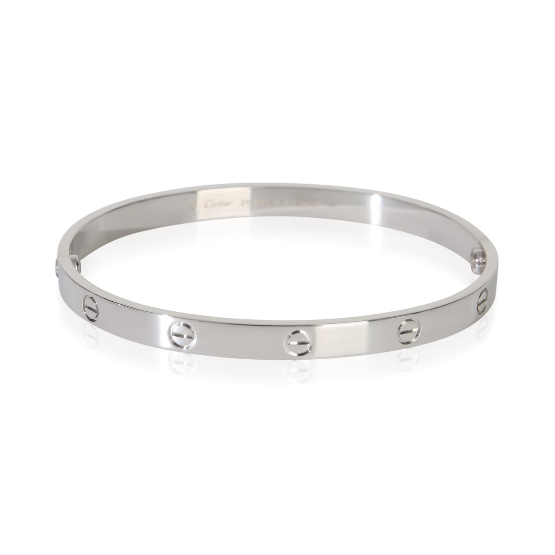 Cartier 21cm 18k White Gold Love Bracelet with Certificate and Screwdriver: Cartier 21cm 18k White Gold Love Bracelet with Certificate and Screwdriver This Cartier Love bracelet is crafted from 18k white gold and features the iconic screw motif. Designed for men, it measures 