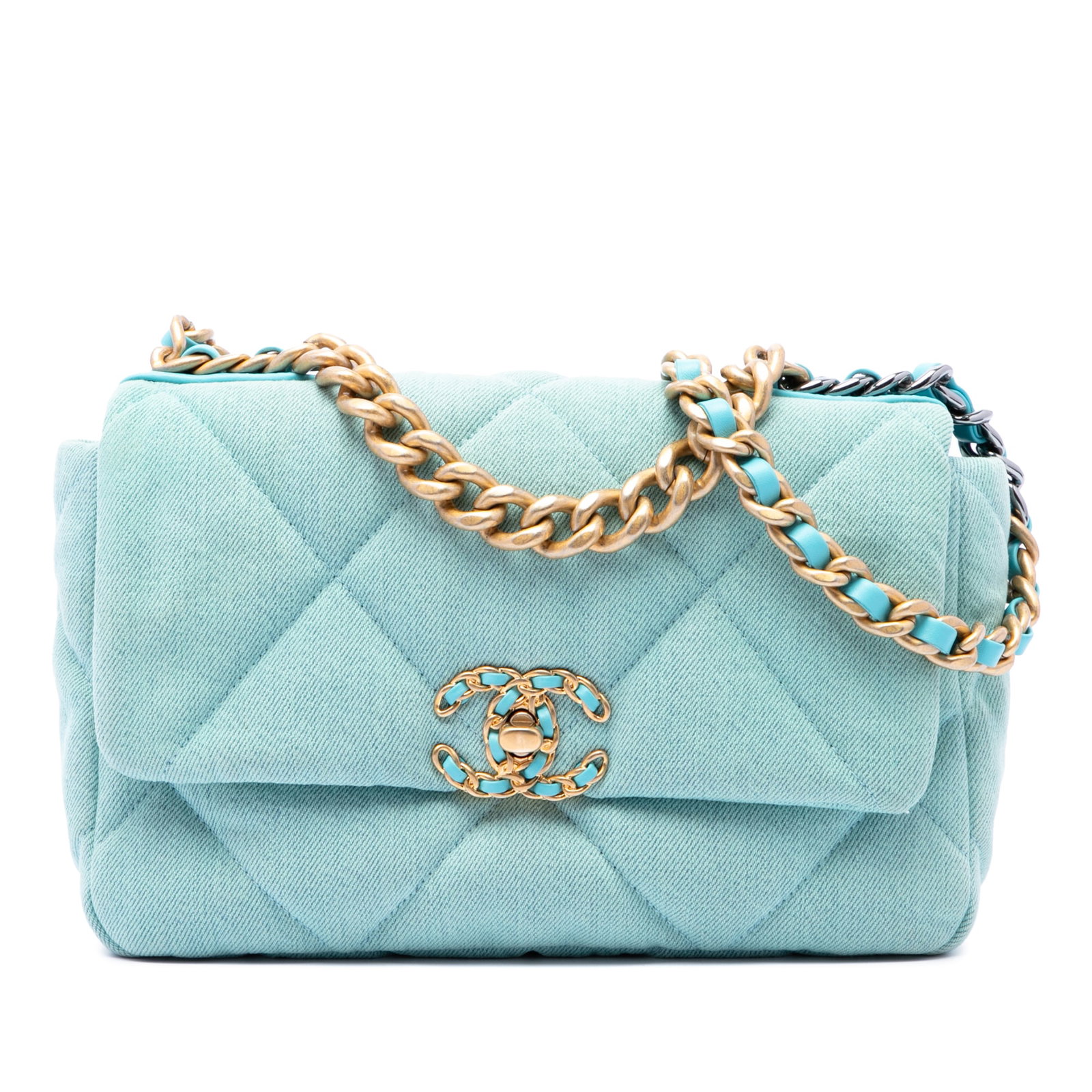Chanel 19 Medium Flap Shoulder Bag in Blue Quilted Denim: Chanel 19 Medium Flap Shoulder Bag in Blue Quilted Denim Chanel Medium Denim 19 Flap bag with a quilted denim body, chain link handle, leather-woven chain link shoulder strap, flap closure with CC twi