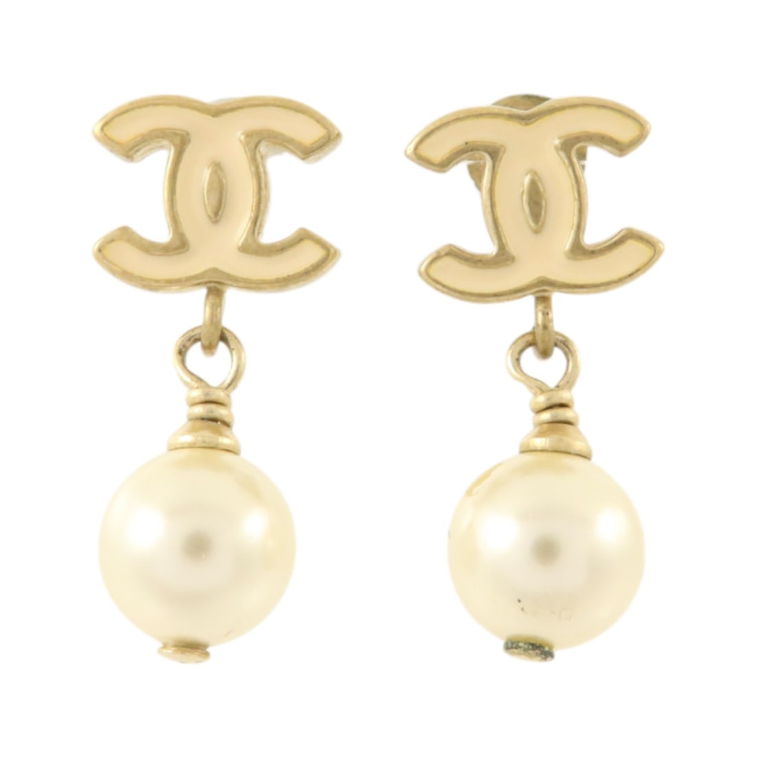 CHANEL 10P CC Pierced Earrings White Gold Tone PVC Metal: CHANEL 10P CC Pierced Earrings White Gold Tone PVC Metal CHANEL CC pierced earrings in white and gold-tone PVC and metal. Made in France, this women's pair features the iconic CC motif and comes witho