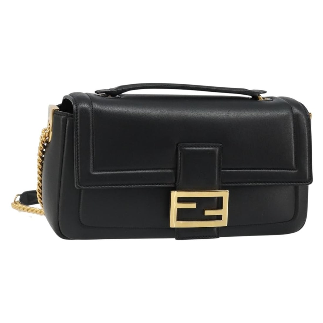 FENDI Baguette Leather Shoulder Bag Black Gold Tone Chain: FENDI Baguette Leather Shoulder Bag Black Gold Tone Chain Fendi baguette chain shoulder bag in black leather with gold-tone accents. Made in Italy, this women's shoulder bag includes a dust bag. Condi