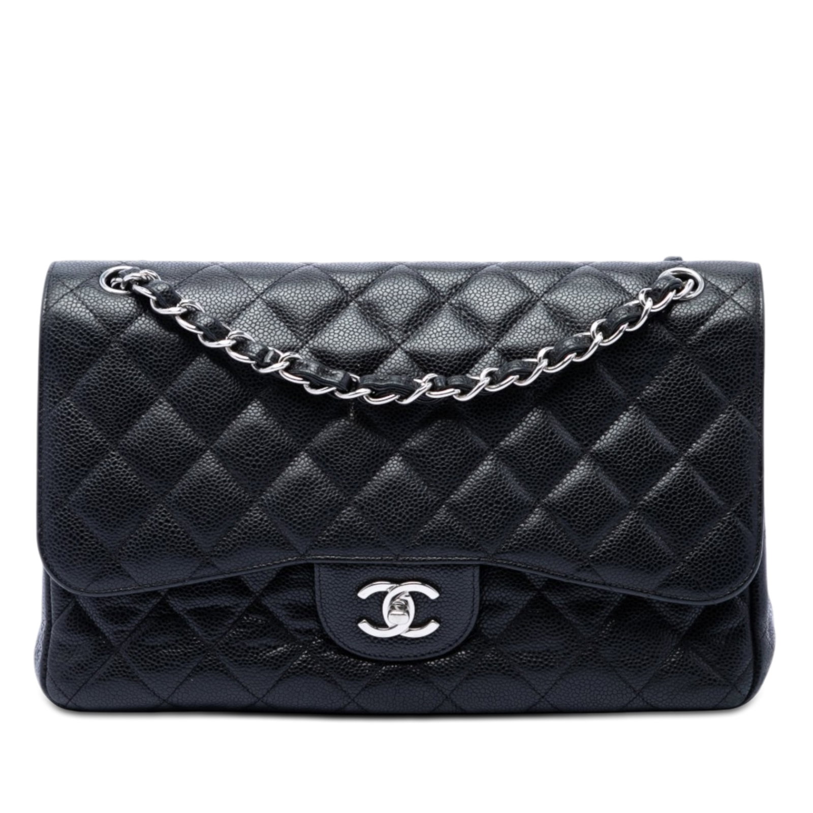Chanel Jumbo Classic Double Flap Shoulder Bag in Black Caviar Leather: Chanel Jumbo Classic Double Flap Shoulder Bag in Black Caviar Leather Chanel Jumbo Classic Caviar Double Flap shoulder bag in black quilted caviar leather. This bag features leather-woven chain link s