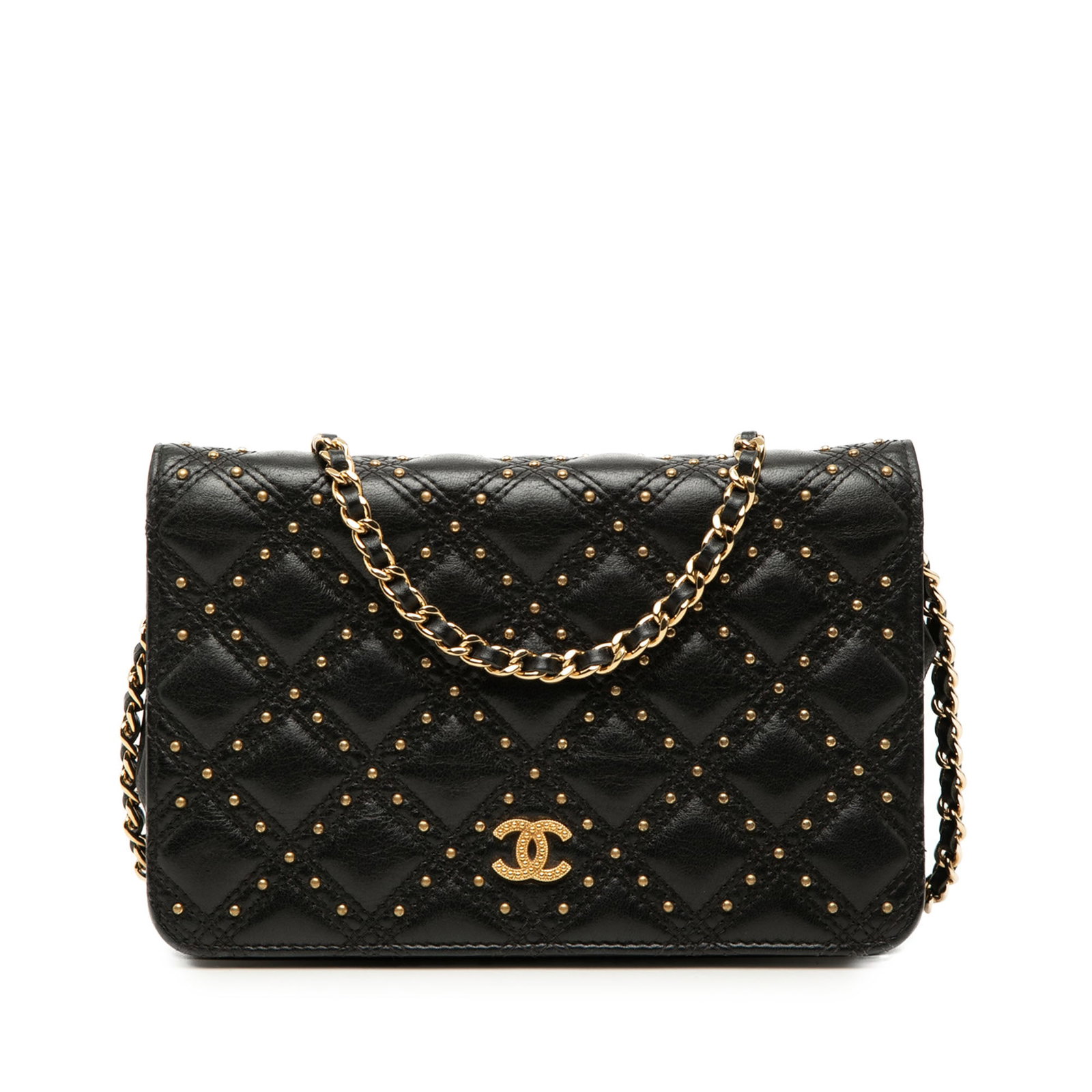 Chanel Studded Lambskin WOC Crossbody Bag Black: Chanel Studded Lambskin WOC Crossbody Bag Black Chanel CC Wallet on Chain in black quilted lambskin with studded diamond stitch detailing. This crossbody bag features a leather-woven chain strap, a fr