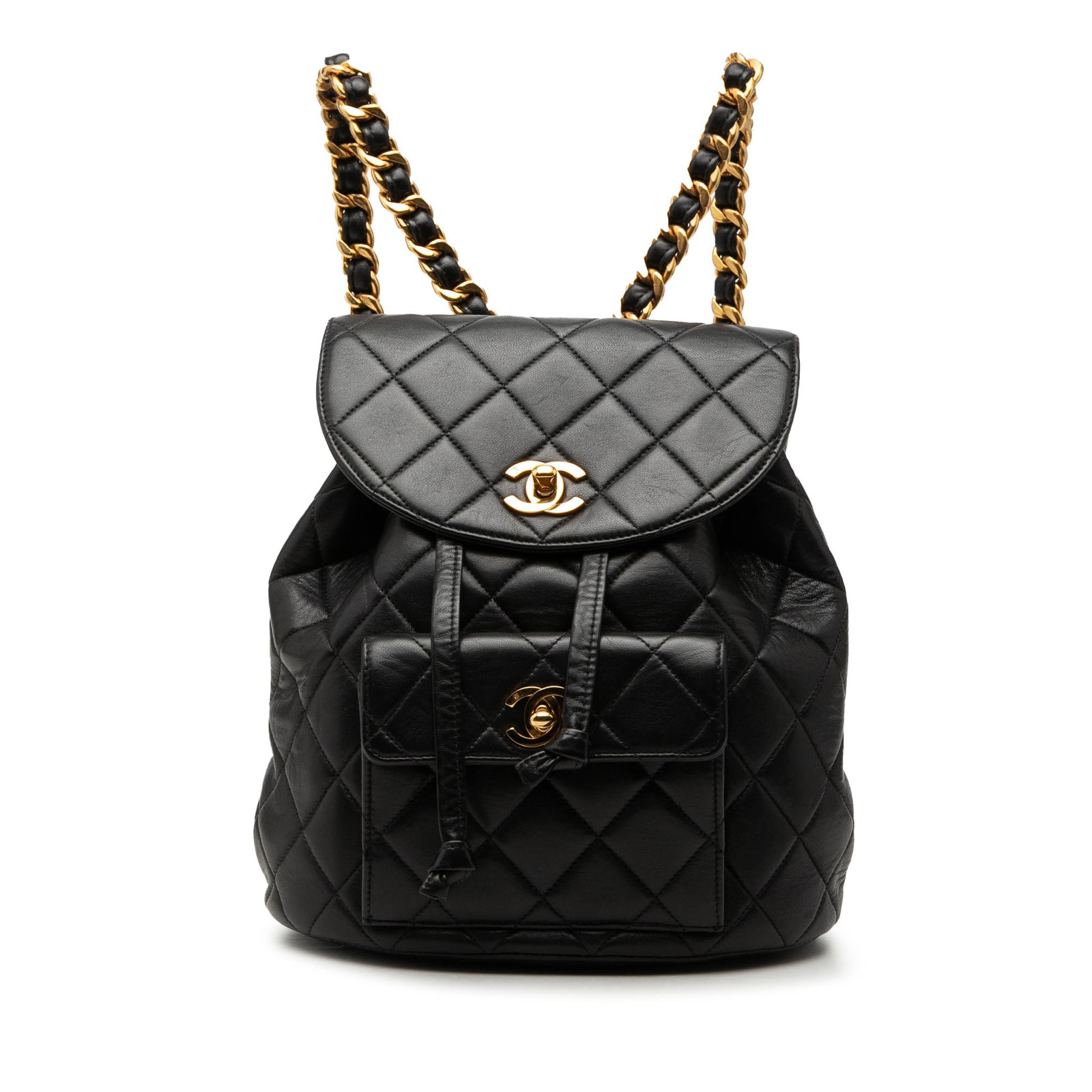 Chanel Duma Quilted Lambskin Backpack Medium: Chanel Duma Quilted Lambskin Backpack Medium This Chanel Medium Quilted Lambskin Duma Backpack features a black quilted lambskin leather body, leather-woven back straps, a front flap with twist lock c