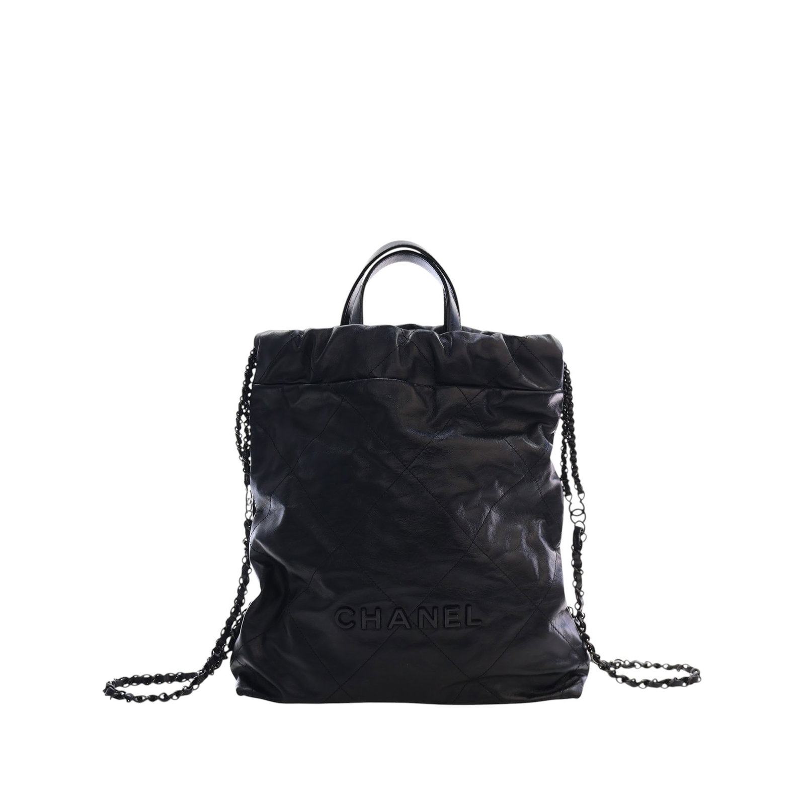 Chanel 22 Large Backpack Quilted Shiny Calfskin Black: Chanel 22 Large Backpack Quilted Shiny Calfskin Black A Chanel large quilted shiny calfskin 22 backpack in black, made in France. It features a quilted calf leather body, flat top handles, leather-wov