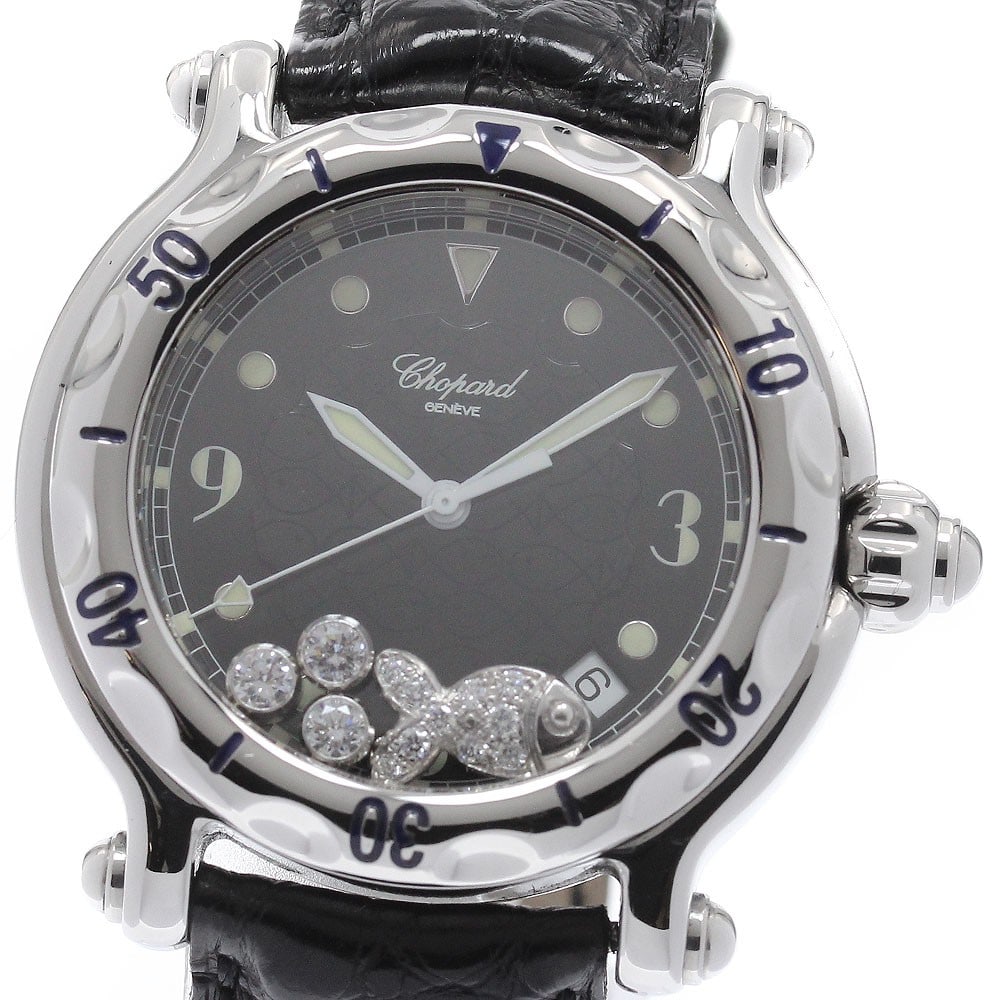Chopard Happy Fish 8347 mens quartz date wristwatch: Chopard Happy Fish 8347 mens quartz date wristwatch Pre-owned Chopard Happy Sport Happy Fish men's wristwatch with a quartz movement and date display. This watch features a black dial in a stainless s