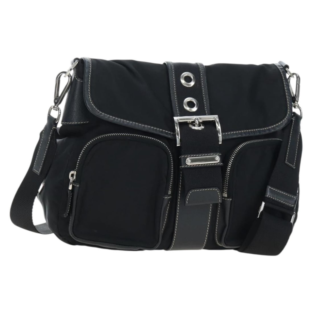 PRADA black nylon shoulder bag with dust bag silver tone: PRADA black nylon shoulder bag with dust bag silver tone Authentic Prada shoulder bag in black nylon with silver-tone accents. Made in Italy, this women's bag includes a dust bag. Condition is rated B