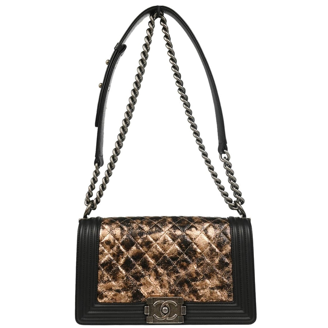 CHANEL Boy Medium Lambskin Shoulder Bag Black Silver Tone: CHANEL Boy Medium Lambskin Shoulder Bag Black Silver Tone Vintage Chanel Boy Medium shoulder bag in black lambskin with a push-lock flap closure, matelasse quilting, and chain shoulder strap. The bag 