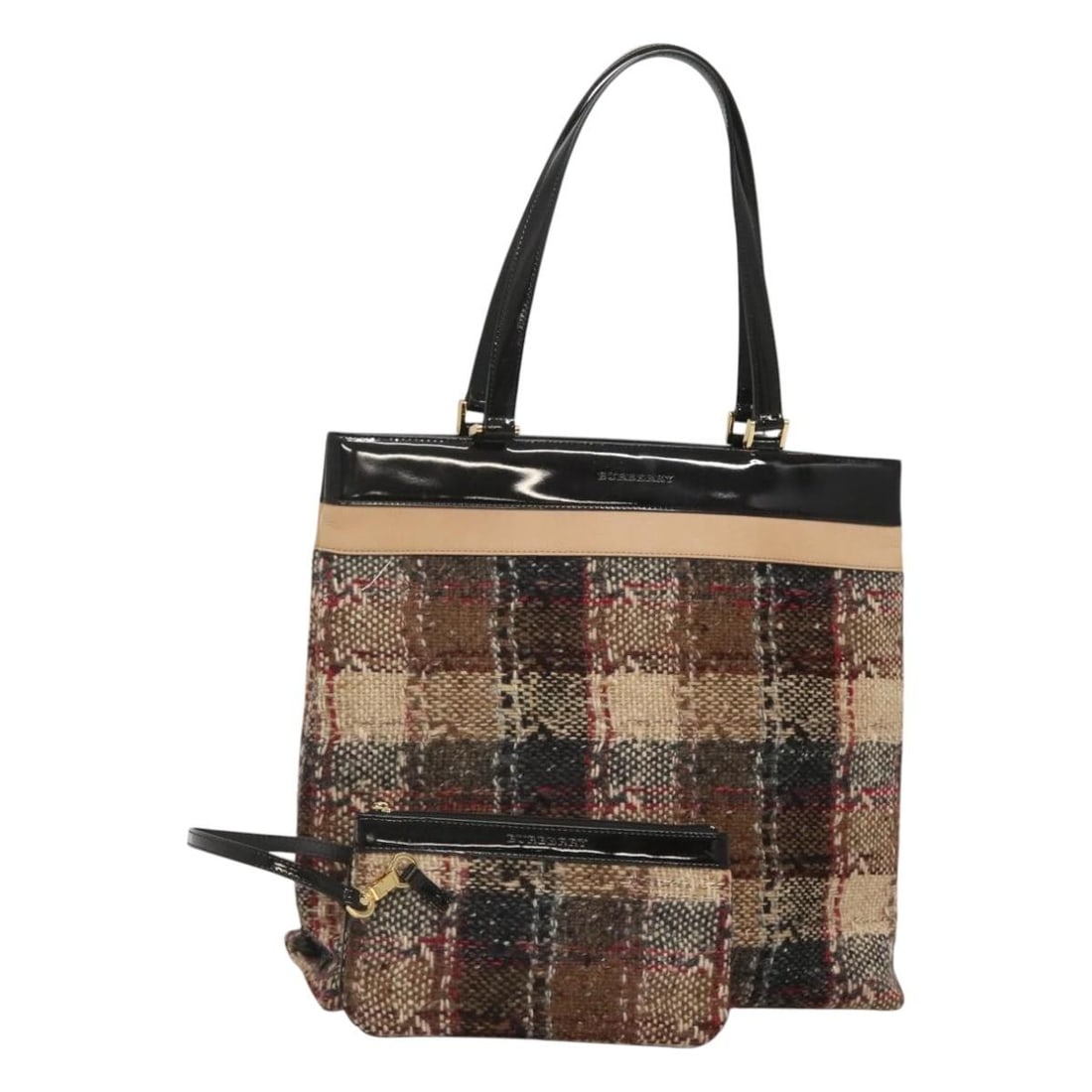 Wool Nova Check Tote in Beige Black Gold with Pouch by Burberry: Wool Nova Check Tote in Beige Black Gold with Pouch by Burberry This Burberry Nova Check tote bag features a classic beige, black, and gold color palette crafted from wool. Designed for women, it offe