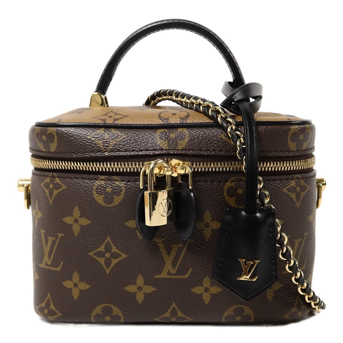Louis Vuitton Vanity PM M45165 2 Way Bag Monogram Reverse Brown: Louis Vuitton Vanity PM M45165 2 Way Bag Monogram Reverse Brown Louis Vuitton Vanity PM 2-way shoulder bag in Monogram Reverse PVC coated canvas with a brown exterior. This women's bag features a stru