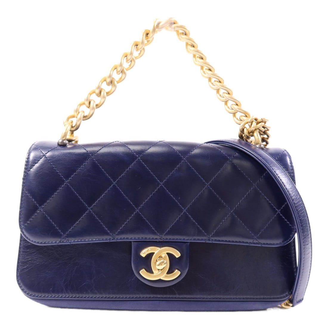 CHANEL CC Blue Calfskin 2 Way Chain Shoulder Bag GHW: CHANEL CC Blue Calfskin 2 Way Chain Shoulder Bag GHW Chanel 2-way chain shoulder bag in blue calfskin leather with CC turn-lock closure and an open exterior pocket plus one interior zip pocket. Includ