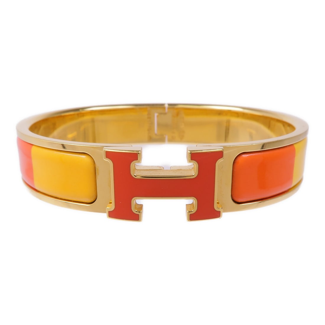 Hermes Clic H Enamel Bracelet Orange with Gold Tone: Hermes Clic H Enamel Bracelet Orange with Gold Tone Hermes Clic H bracelet in enamel and metal, presented in orange, red, and gold tones. It is a women's regular-size bracelet made in France and has n