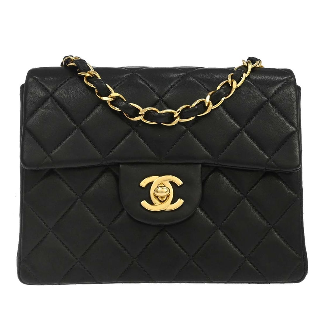 Chanel Classic Flap Mini Square Shoulder Bag Black Lambskin: Chanel Classic Flap Mini Square Shoulder Bag Black Lambskin Chanel Classic Flap Mini Square Chain Shoulder Bag in black lambskin leather with a matelasse quilted exterior and flap turnlock closure. Th