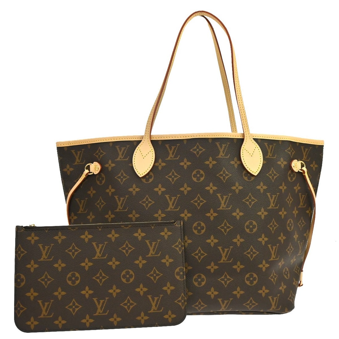 Louis Vuitton Neverfull MM Monogram Canvas Tote with Pouch M40995: Louis Vuitton Neverfull MM Monogram Canvas Tote with Pouch M40995 Vintage Louis Vuitton Neverfull MM tote bag in brown Monogram canvas with leather double handles and a beige canvas lining. This mediu