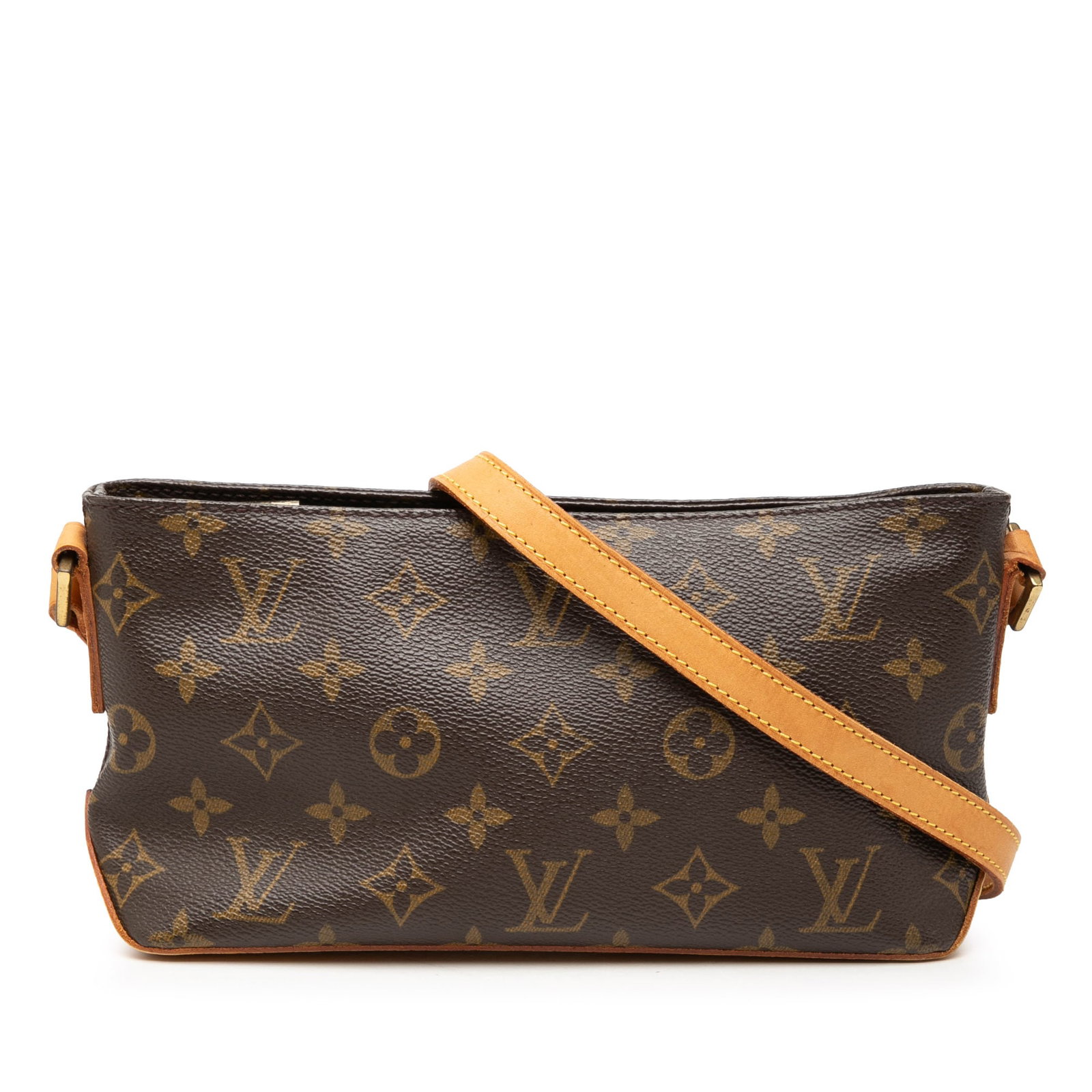 Louis Vuitton Monogram Trotteur shoulder bag in brown canvas: Louis Vuitton Monogram Trotteur shoulder bag in brown canvas Louis Vuitton Monogram Trotteur shoulder bag crafted with a monogram canvas body and a flat vachetta strap. The bag features a top zip clos