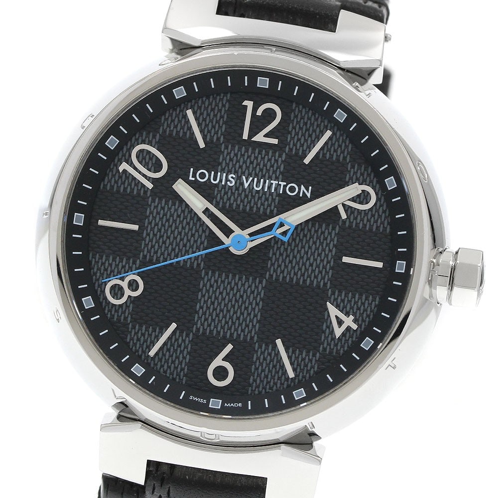 Louis Vuitton Tambour Damier Graphite QA073 mens quartz wristwatch: Louis Vuitton Tambour Damier Graphite QA073 mens quartz wristwatch Pre-owned Louis Vuitton Tambour Damier Graphite men's wristwatch with quartz movement and a black/gray dial. This Swiss-made watch fe