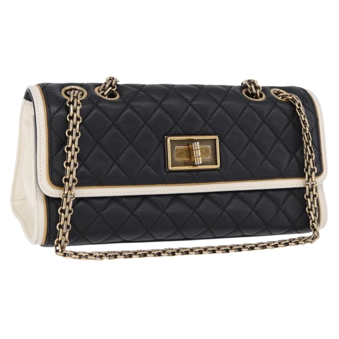 CHANEL 2.55 Matelasse Lamb Skin Shoulder Bag Black Gold CC: CHANEL 2.55 Matelasse Lamb Skin Shoulder Bag Black Gold CC CHANEL Chain Matelasse 2.55 shoulder bag in black lamb skin with gold-tone accents. This women's shoulder bag includes a dust bag and feature