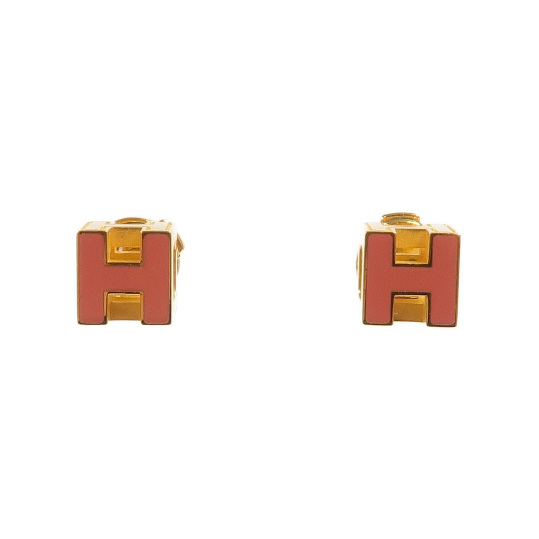 Hermes H Cube Pierced Earrings Pink Rose Metal with Box: Hermes H Cube Pierced Earrings Pink Rose Metal with Box Hermes H Cube pierced earrings in pink and rose-tone metal. This women's pair includes the storage box and storage bags. Condition is B with rea