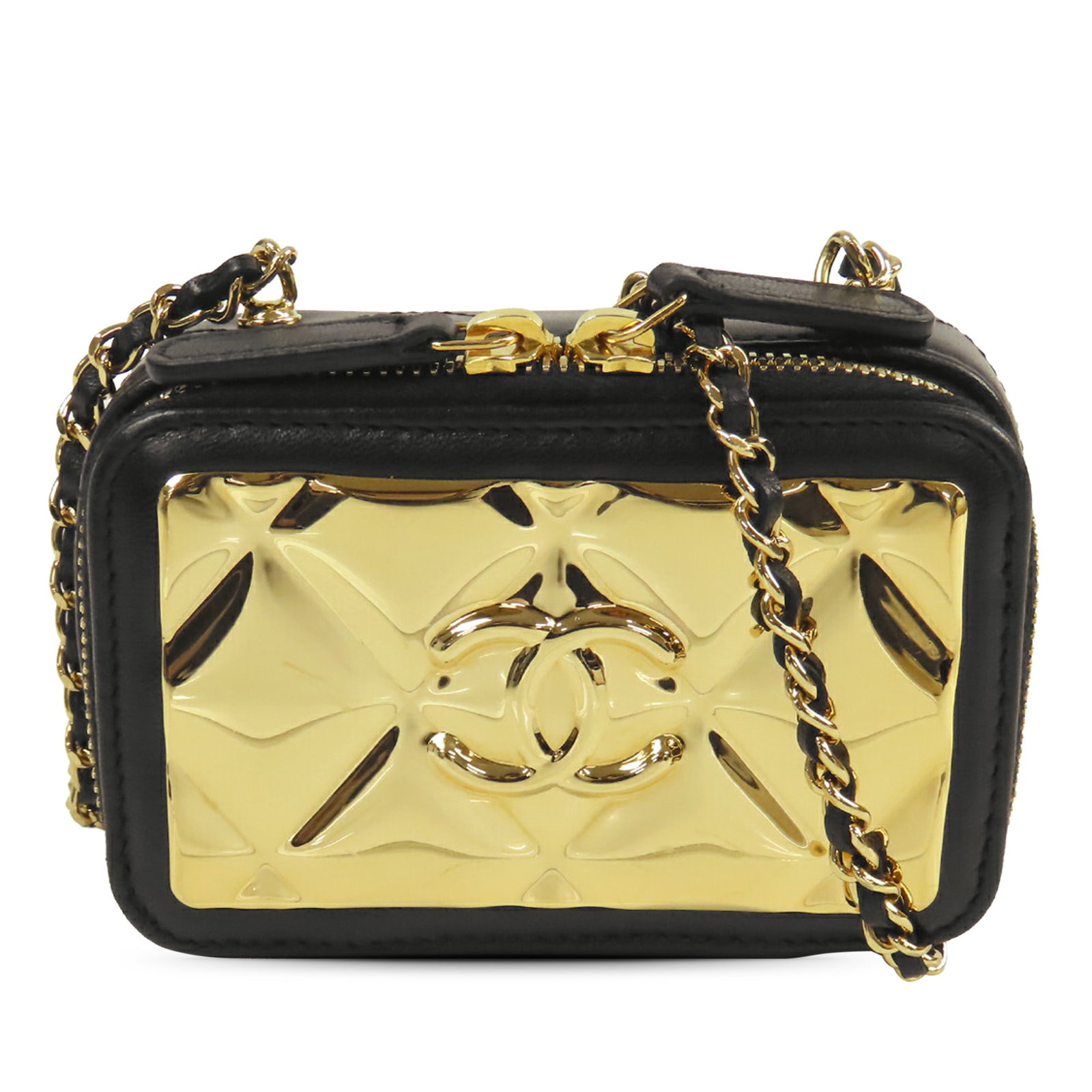 Chanel Extra Mini CC Vanity Crossbody Black Leather Gold Plated: Chanel Extra Mini CC Vanity Crossbody Black Leather Gold Plated Compact vanity crossbody bag in black leather with gold-plated metal accents and a leather woven chain strap. It features a zip-around c