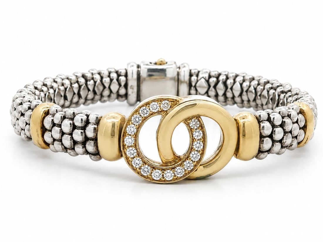 Lagos Caviar sterling silver bracelet with 18k gold diamond circle link (1 of 14)