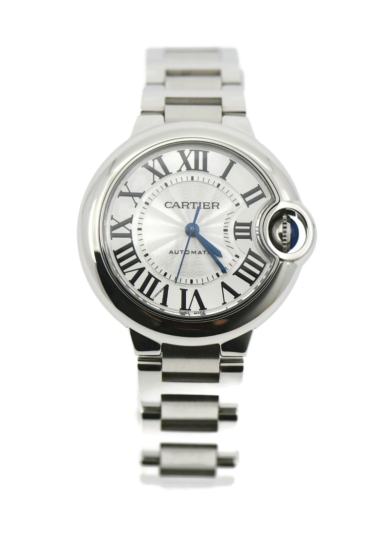 Cartier Ballon Bleu 33mm automatic wristwatch ref W6920071 with box papers: Cartier Ballon Bleu 33mm automatic wristwatch ref W6920071 with box papers Cartier Ballon Bleu women's wristwatch in stainless steel with a silver dial and silver bracelet. It features a round case wi